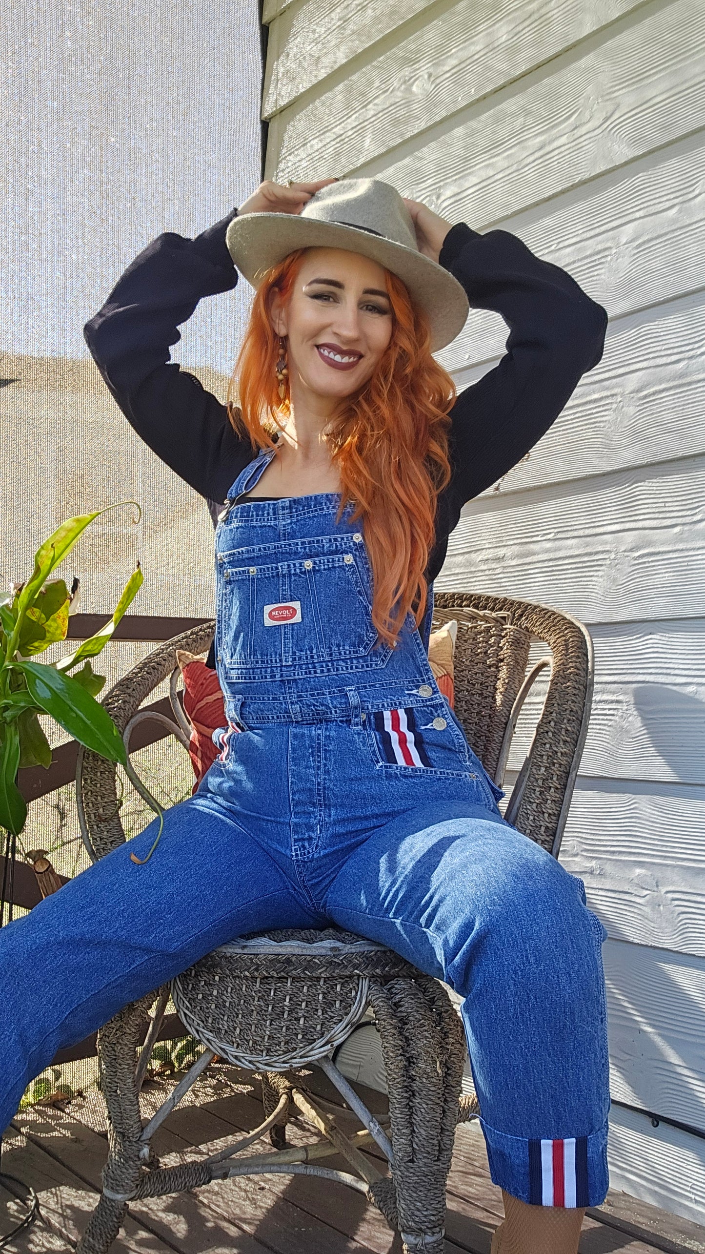 VINTAGE Revolt Denim Overalls Women Medium Blue Bib 100% Cotton Striped Trim 90s