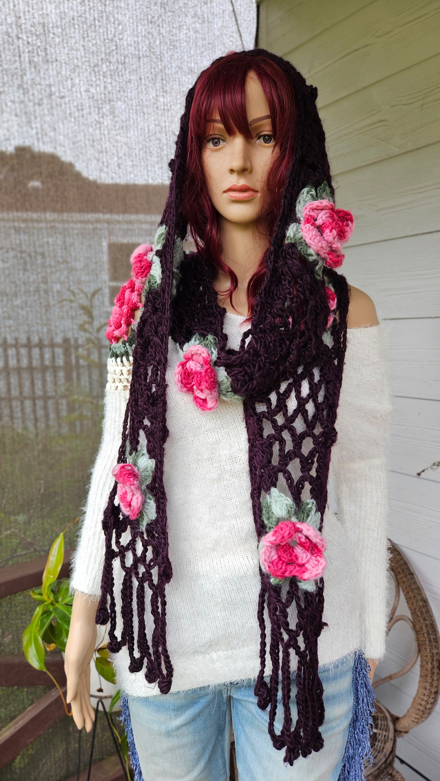 Stunning Handmade Knitted Floral Scarf