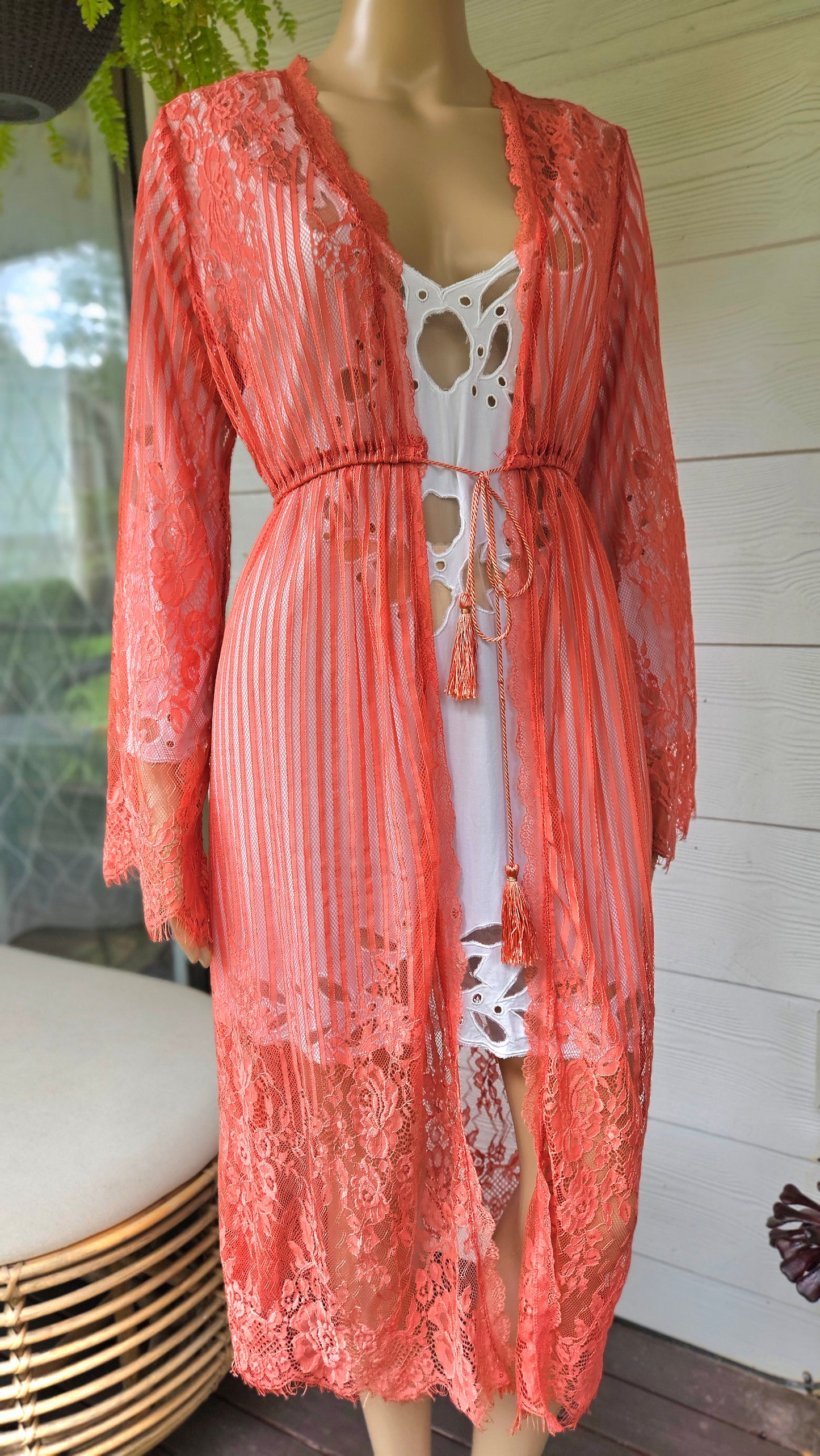 Coral Cardigan Jacket Kimono Orange Lace Duster