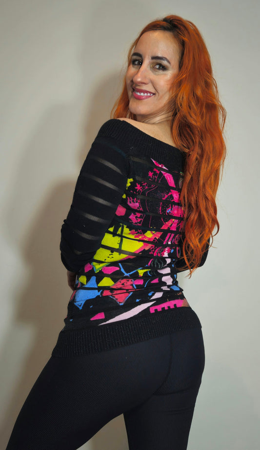 Desigual Off-The-Shoulder Graphic Knit Sweater. Excellent Condition