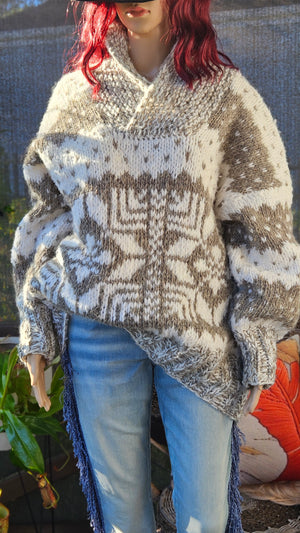 Vintage, hand-knitted Cowichan-style pullover sweater