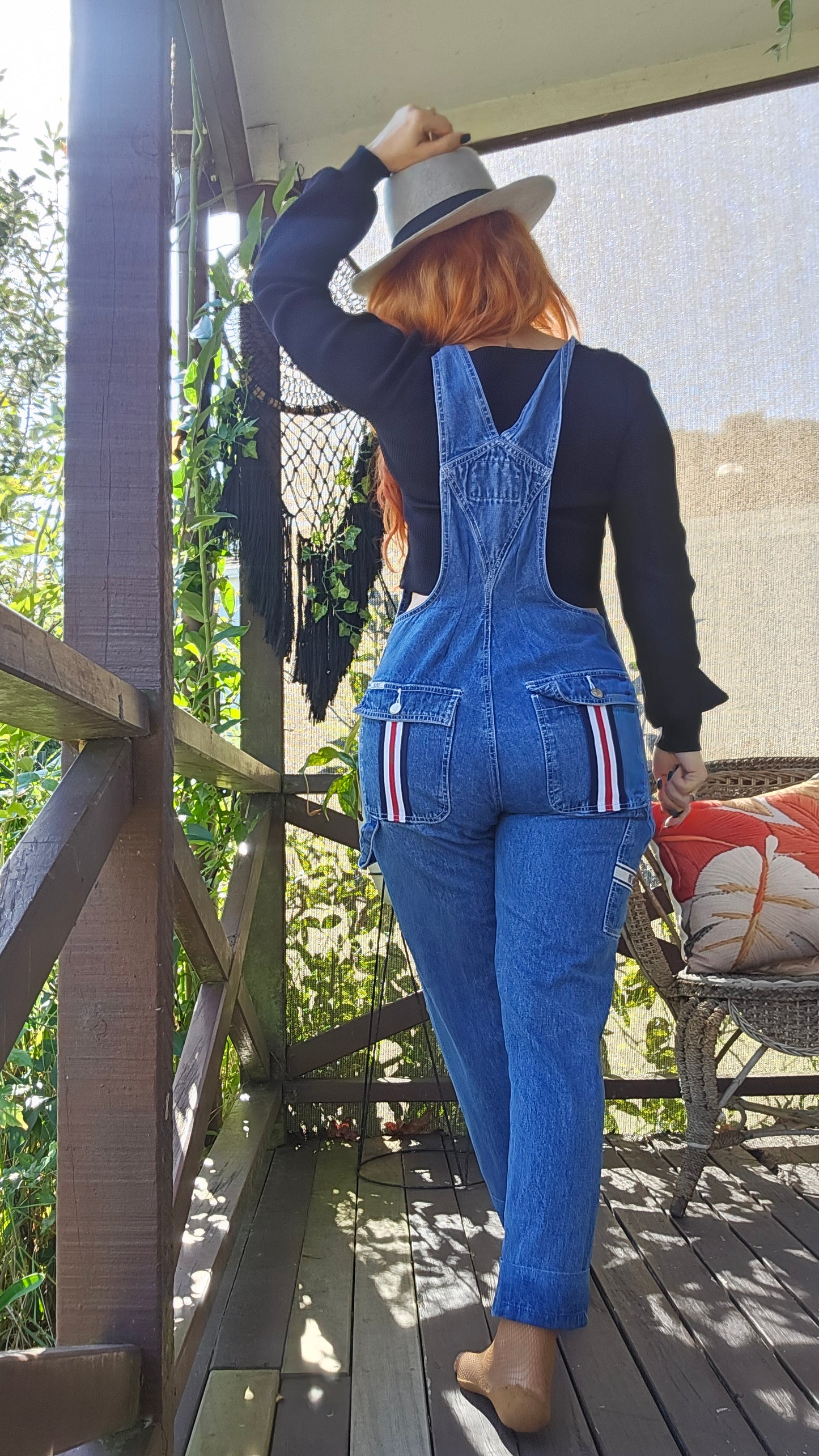 VINTAGE Revolt Denim Overalls Women Medium Blue Bib 100% Cotton Striped Trim 90s