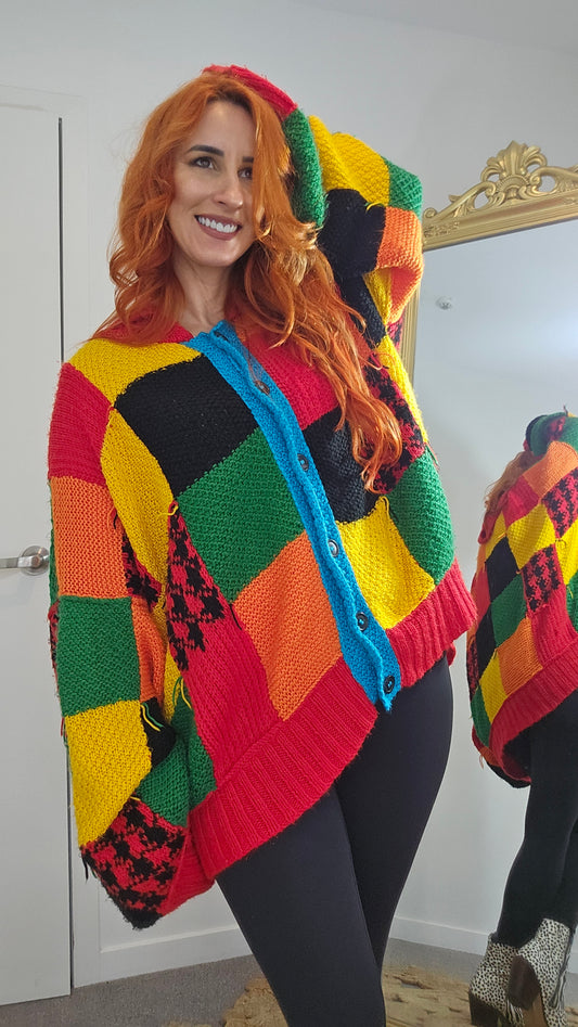 Colour Block Patchwork Cardigan, Multicolor Jacket, Oversized Sweater, Chunky Cardigan Coat