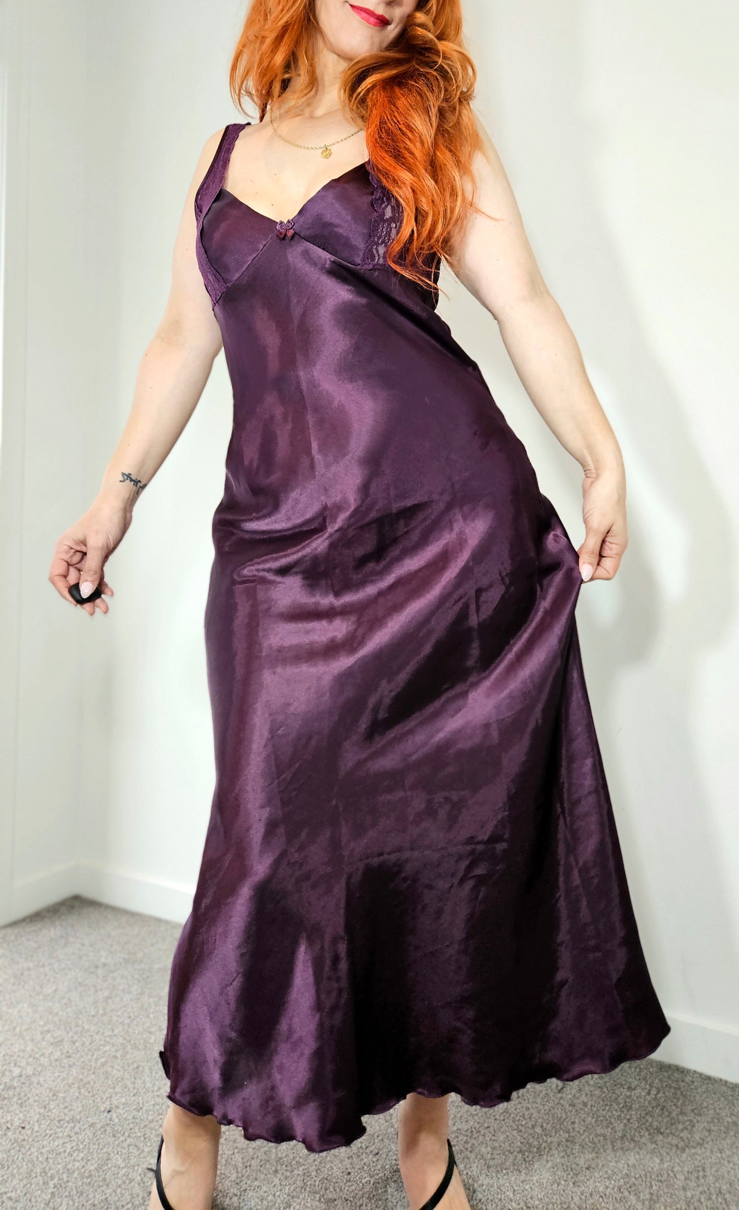 Vintage-Style Plum Satin Lace Slip Dress – Size 12 Approx.