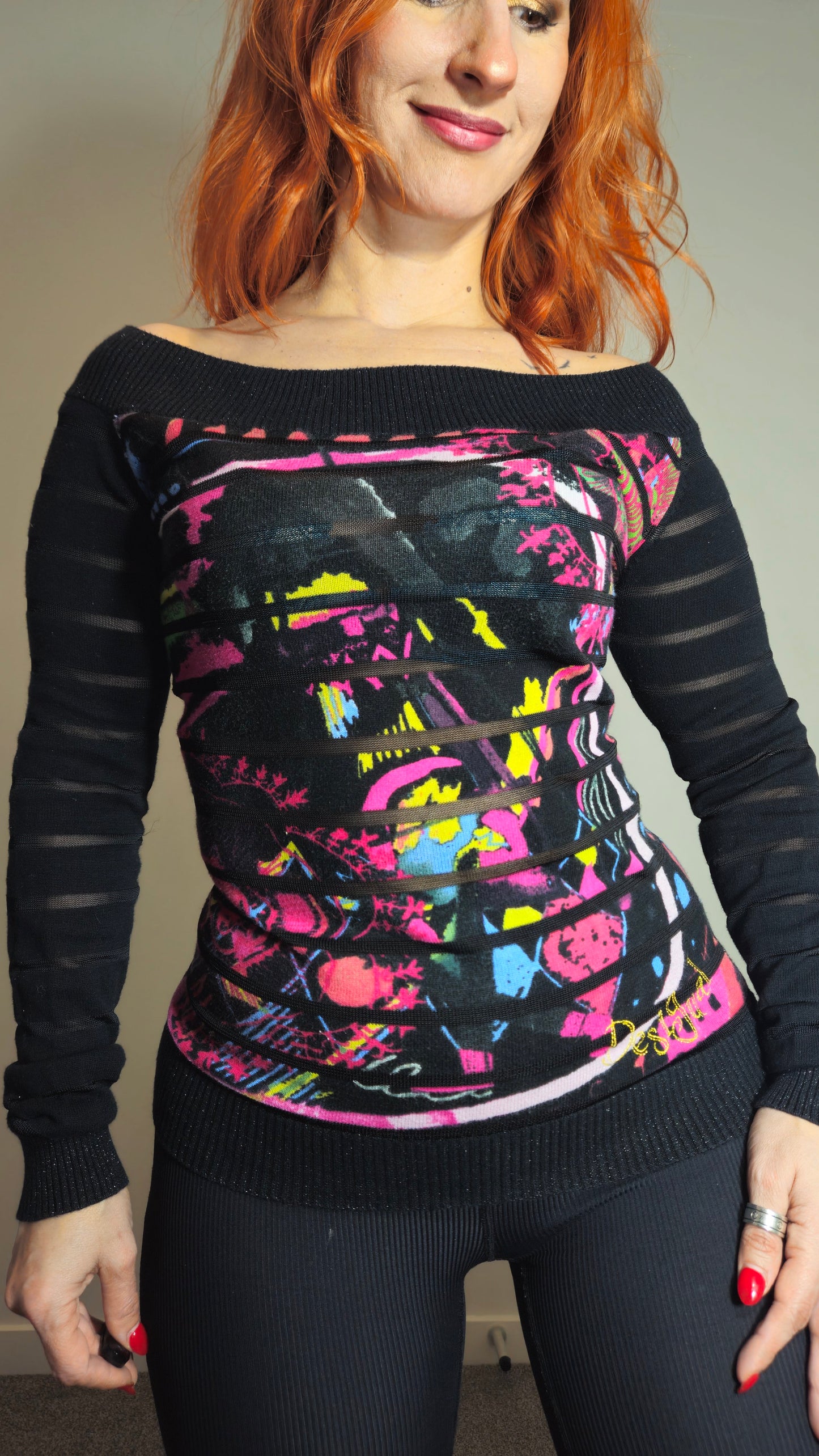 Desigual Off-The-Shoulder Graphic Knit Sweater. Excellent Condition