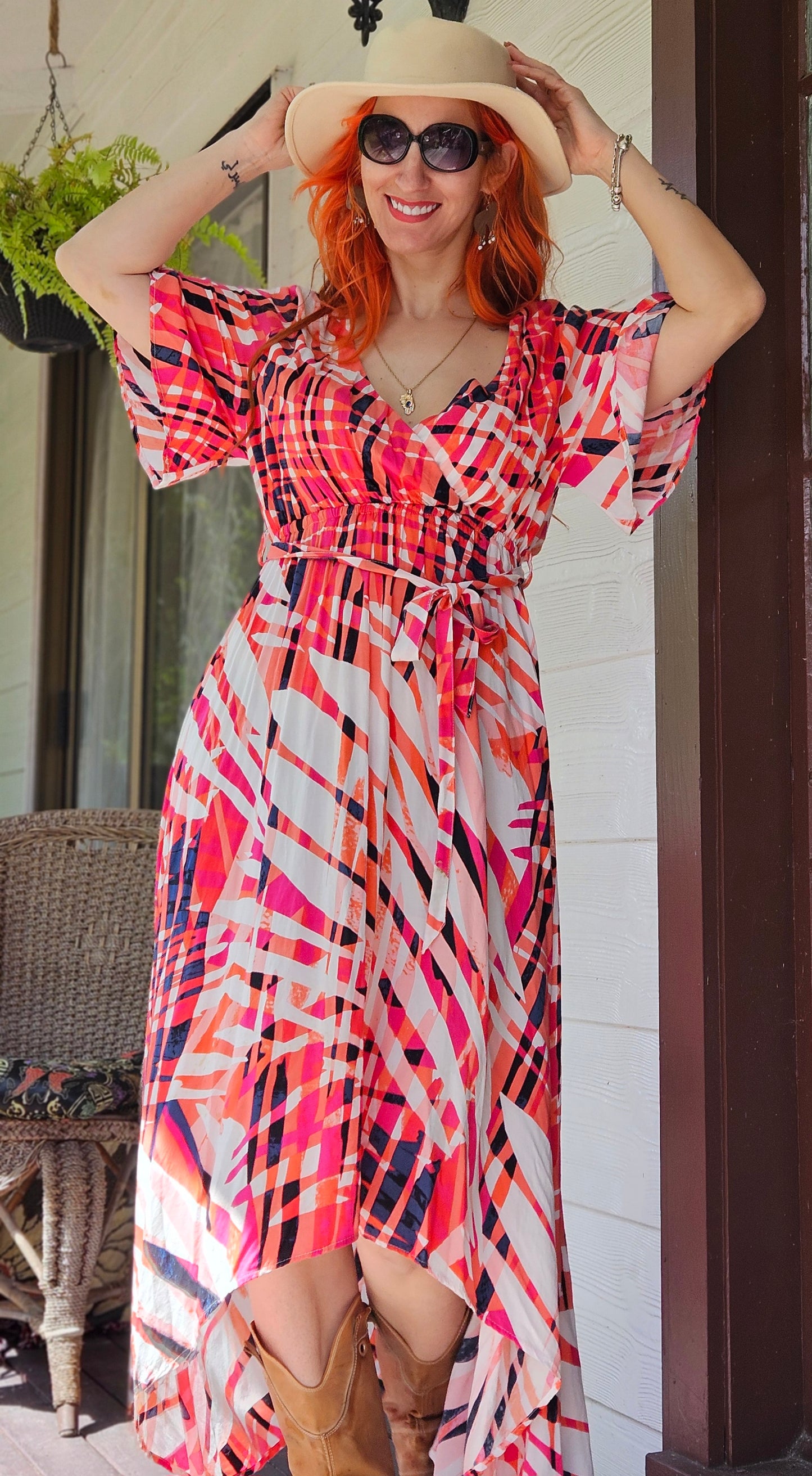 Boho Australia Short Sleeved Button Up High Low Multicoloured Dress Size S