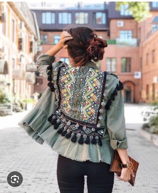 Zara Boho Embroidered Beaded Pom-Pom Army Green Ruffled Military Festival Jacket.