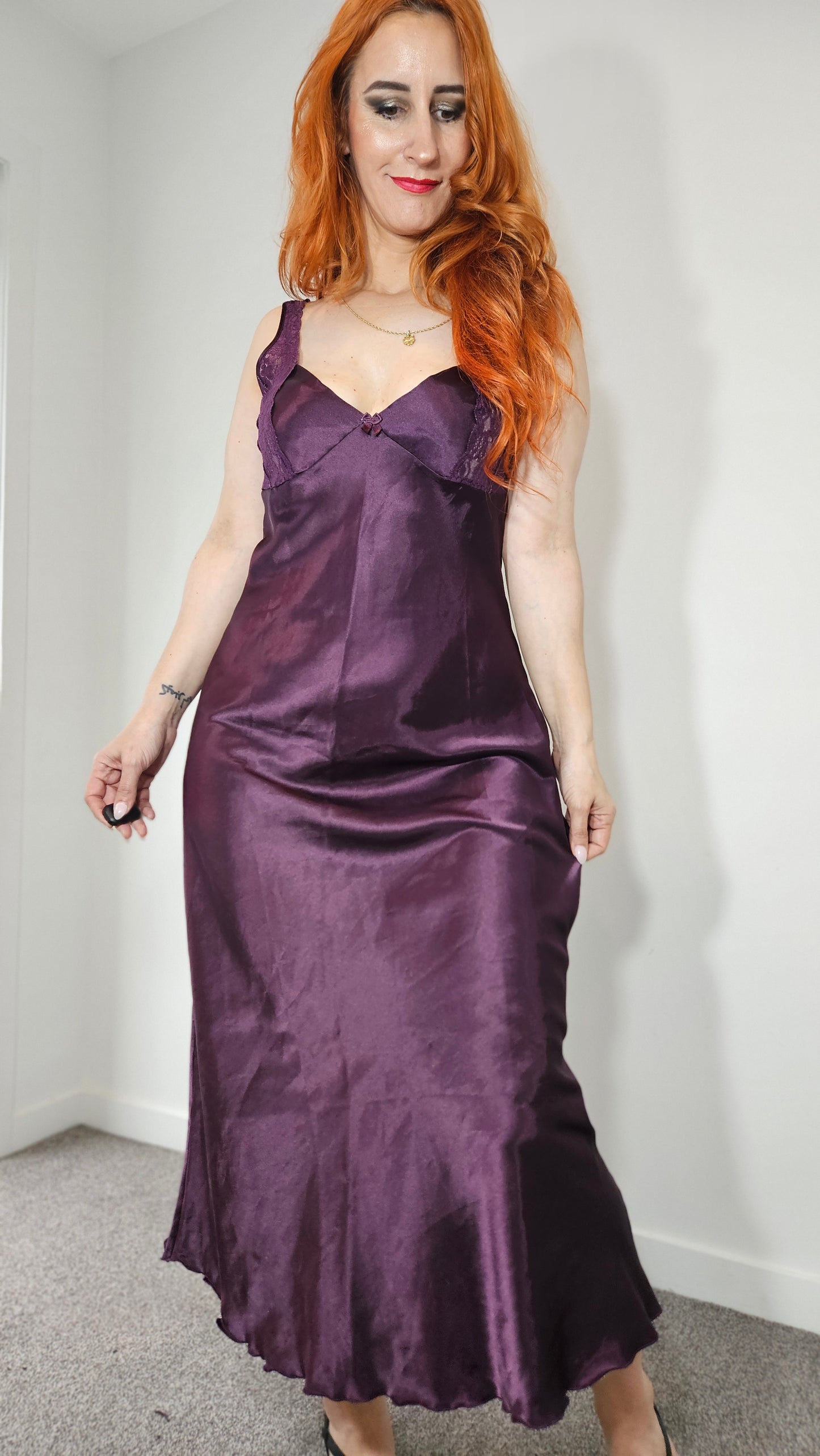 Vintage-Style Plum Satin Lace Slip Dress – Size 12 Approx.