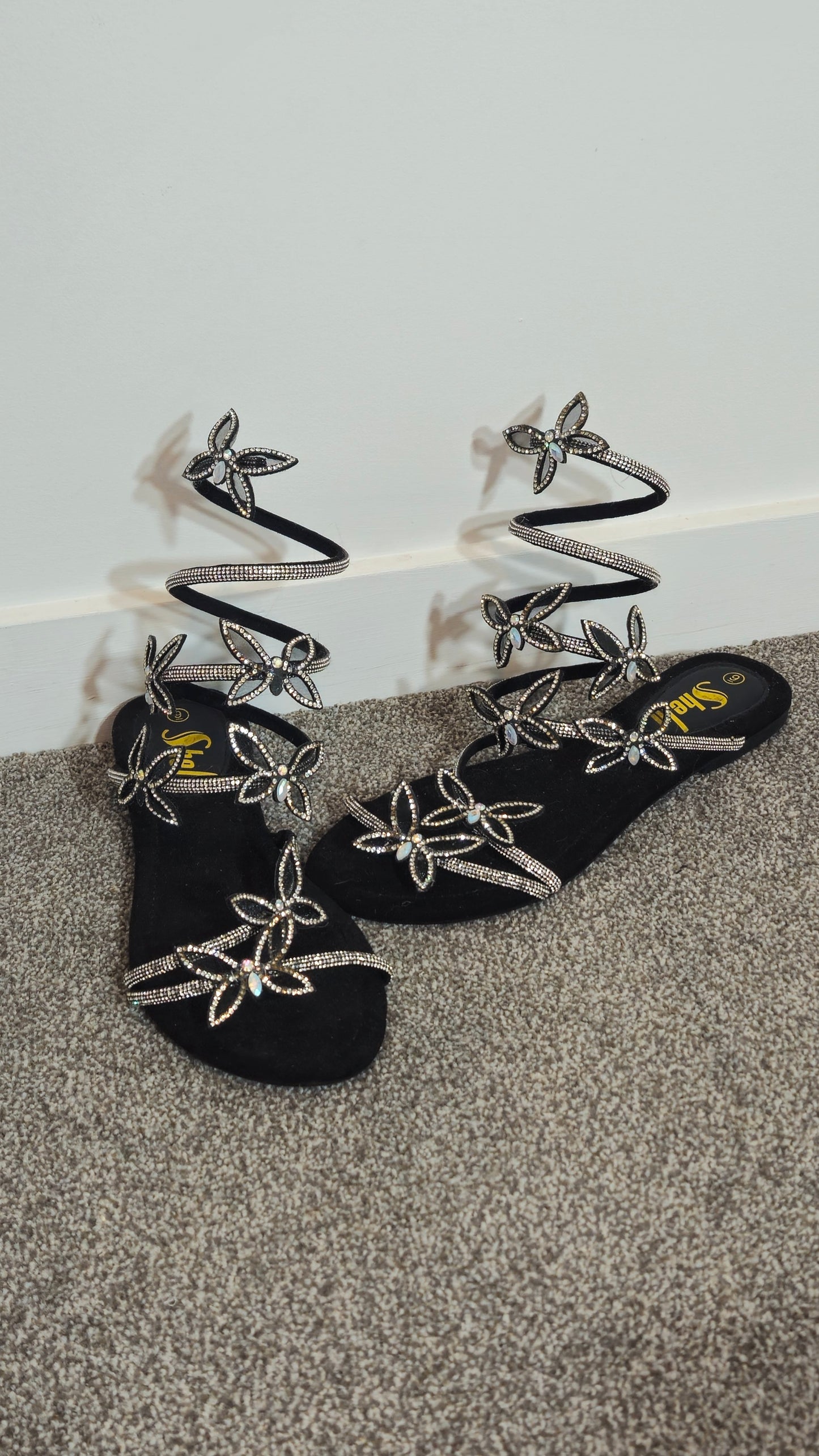 Sheku Black Rhinestone Butterfly Spiral Wrap Gladiator Flat Sandals
