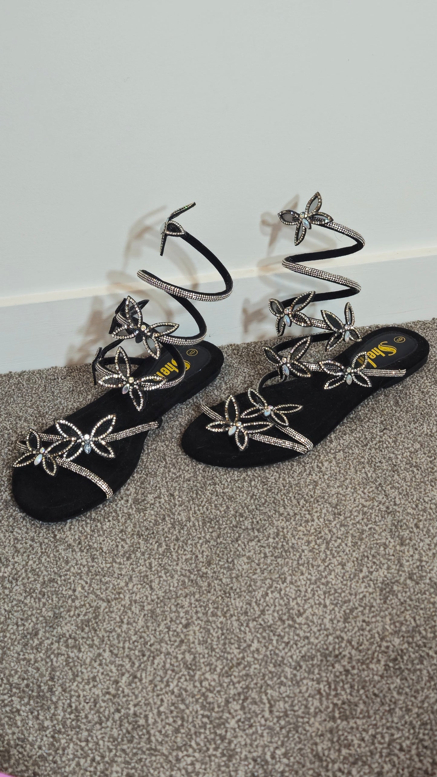 Sheku Black Rhinestone Butterfly Spiral Wrap Gladiator Flat Sandals