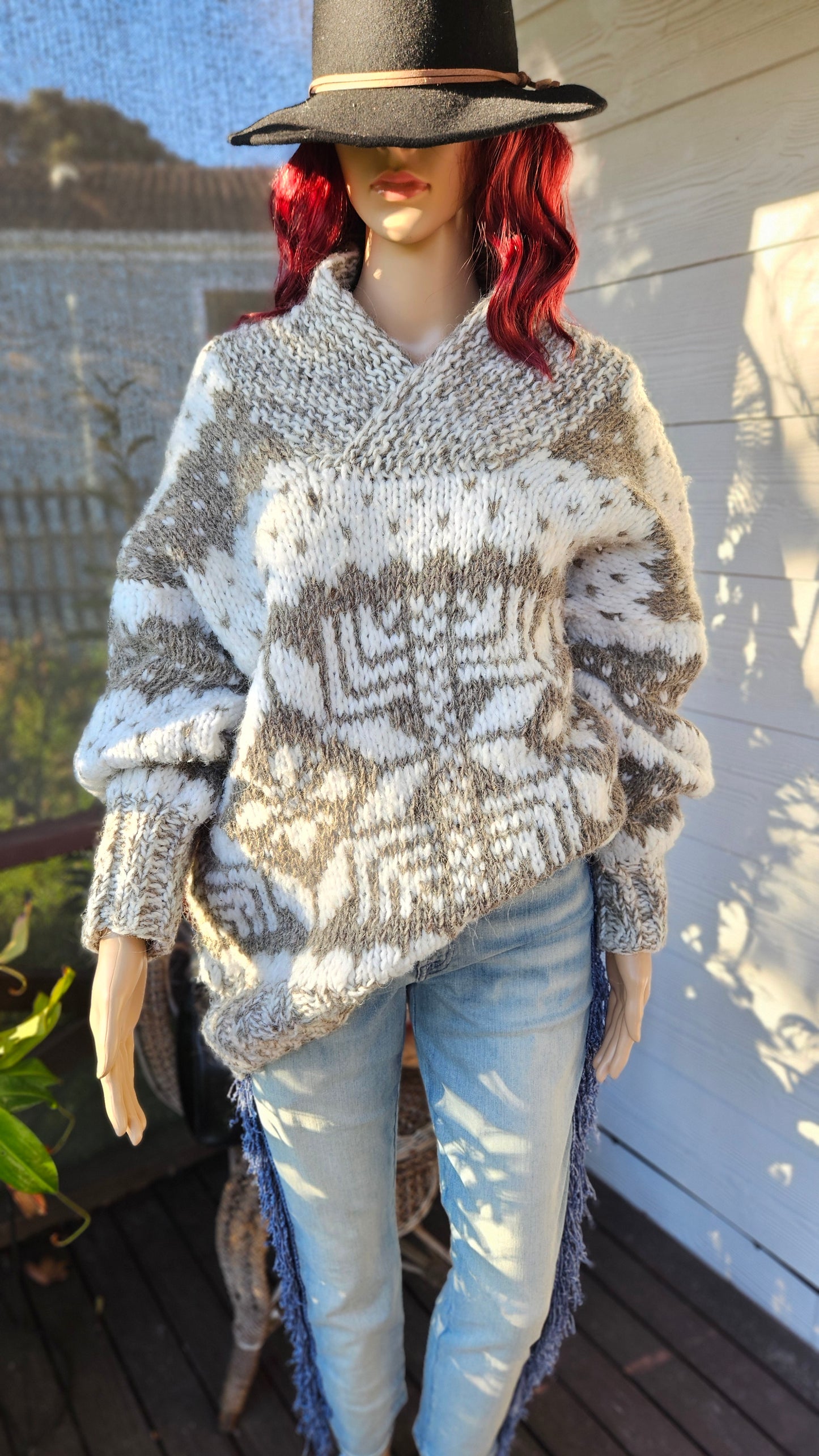 Vintage, hand-knitted Cowichan-style pullover sweater