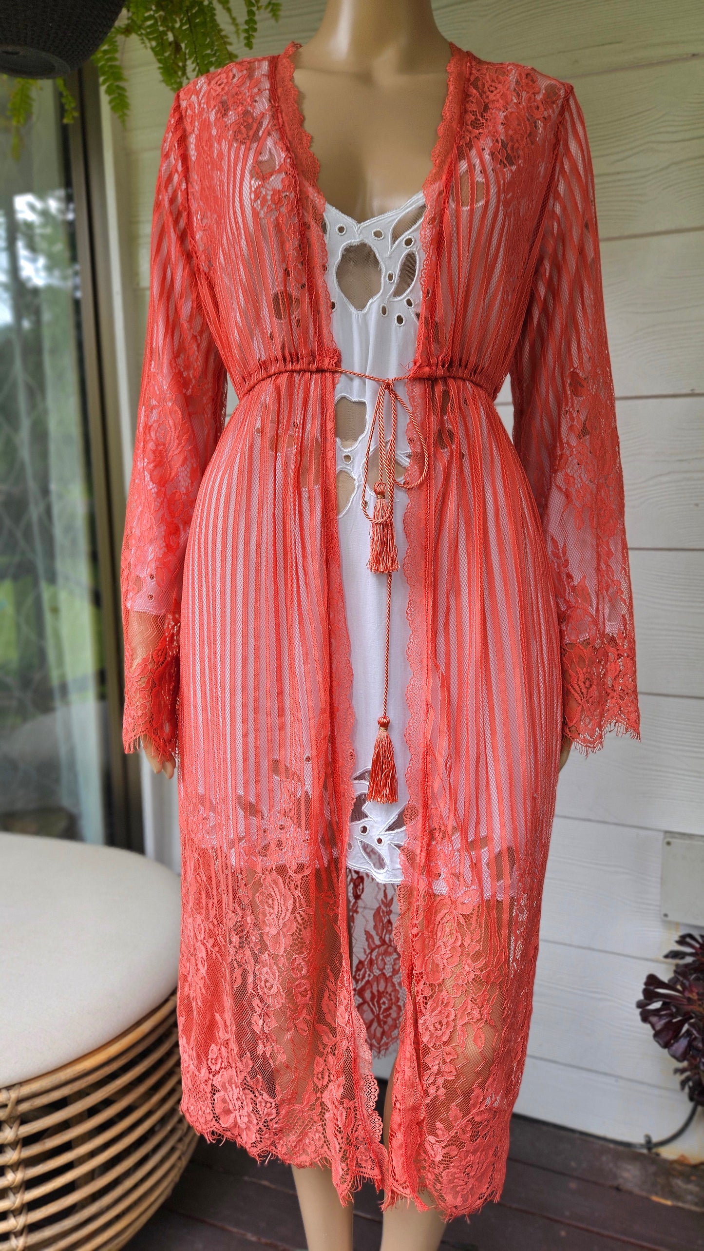 Coral Cardigan Jacket Kimono Orange Lace Duster