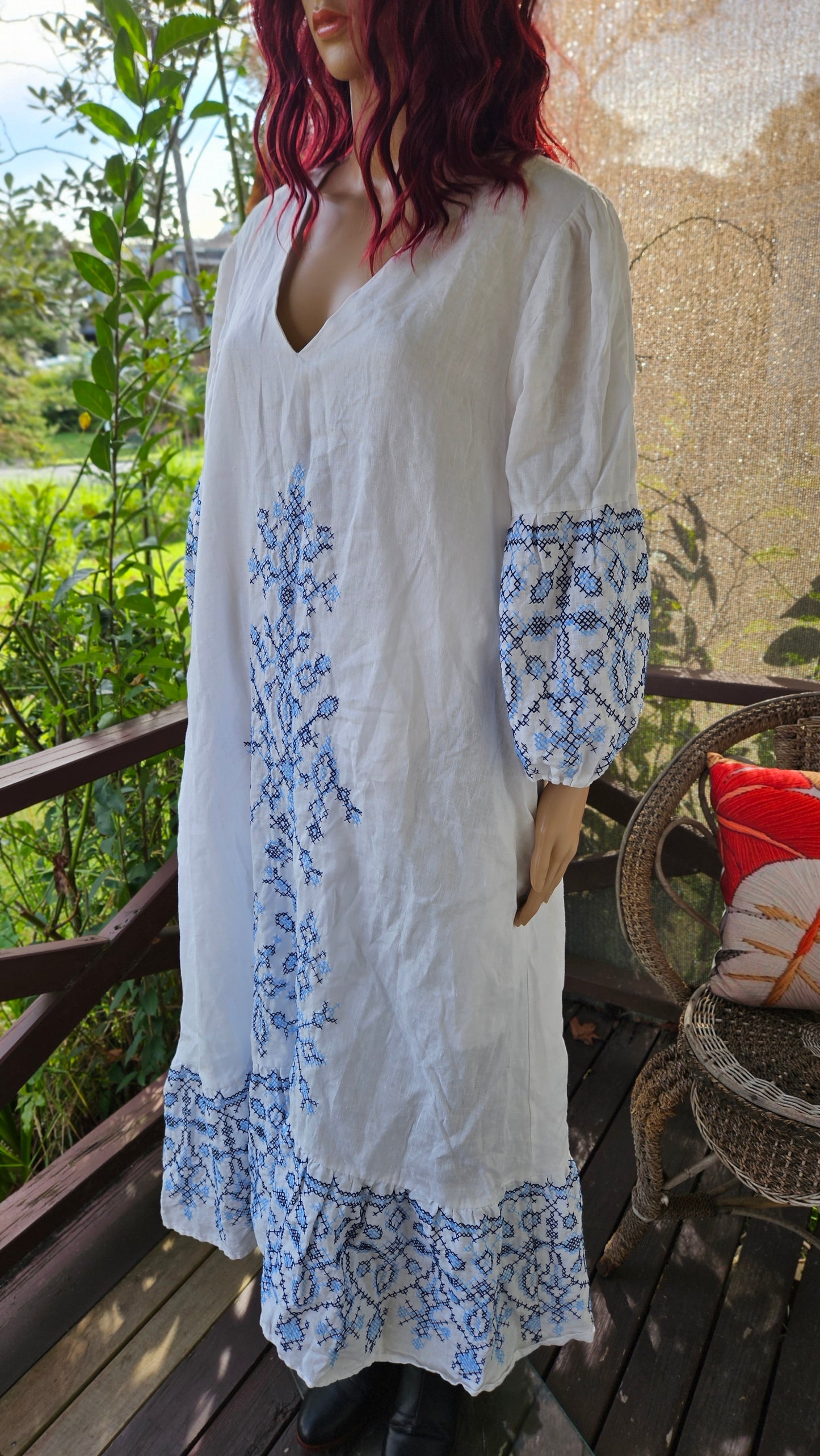 Ikat-embroidered dress. 100% Linen Dress Bohemian Preloved Dress