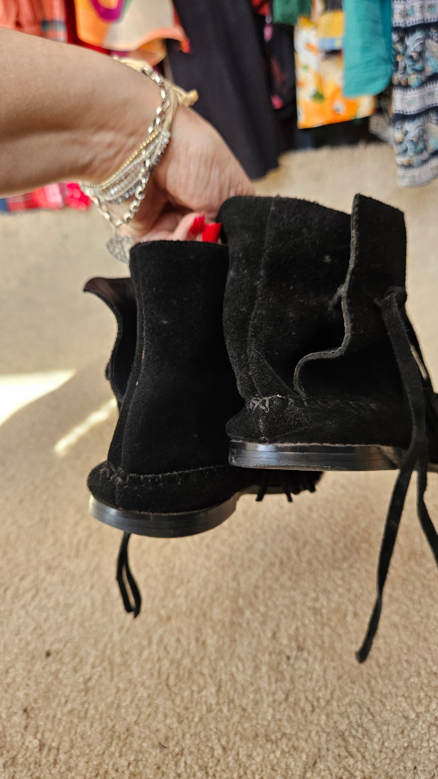 Women's Fringed Inca Suede Moccasin Boots Black Leather Boots - Preloved Boots