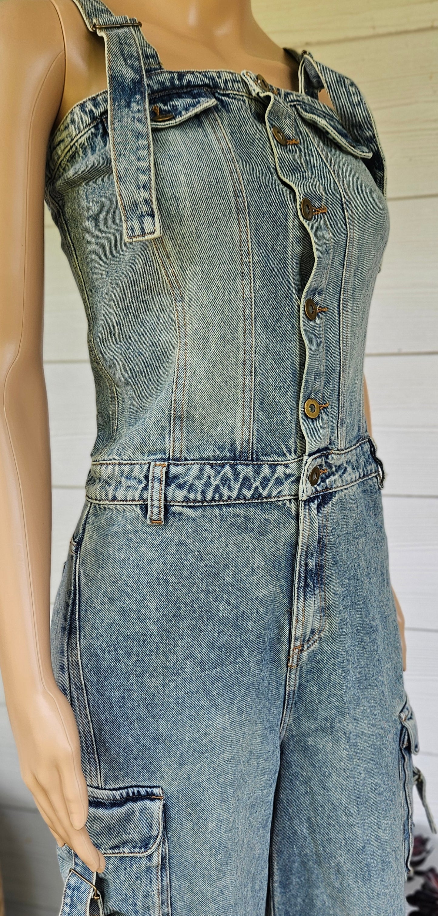 Unique Colombian Wide Leg Denim Jumpsuit Cargo style Size S.