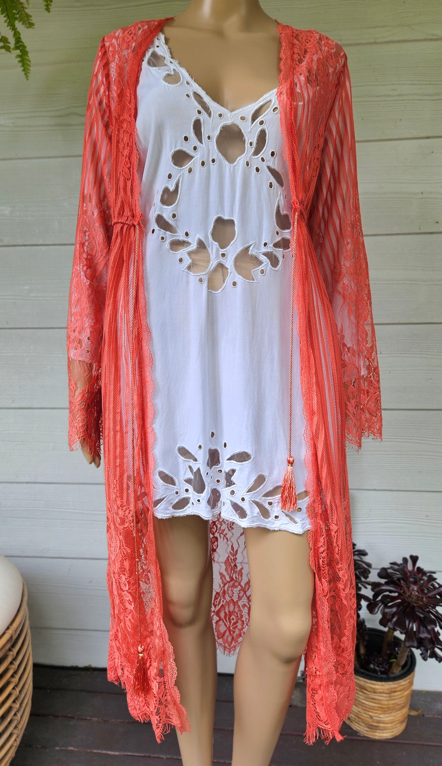 Coral Cardigan Jacket Kimono Orange Lace Duster