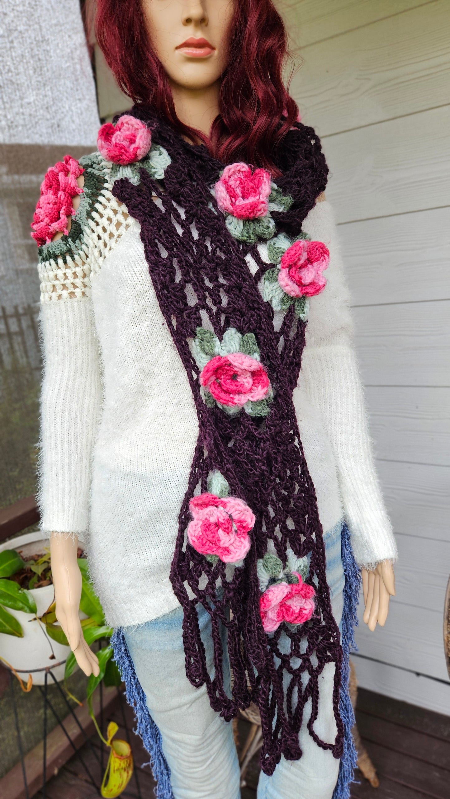 Stunning Handmade Knitted Floral Scarf