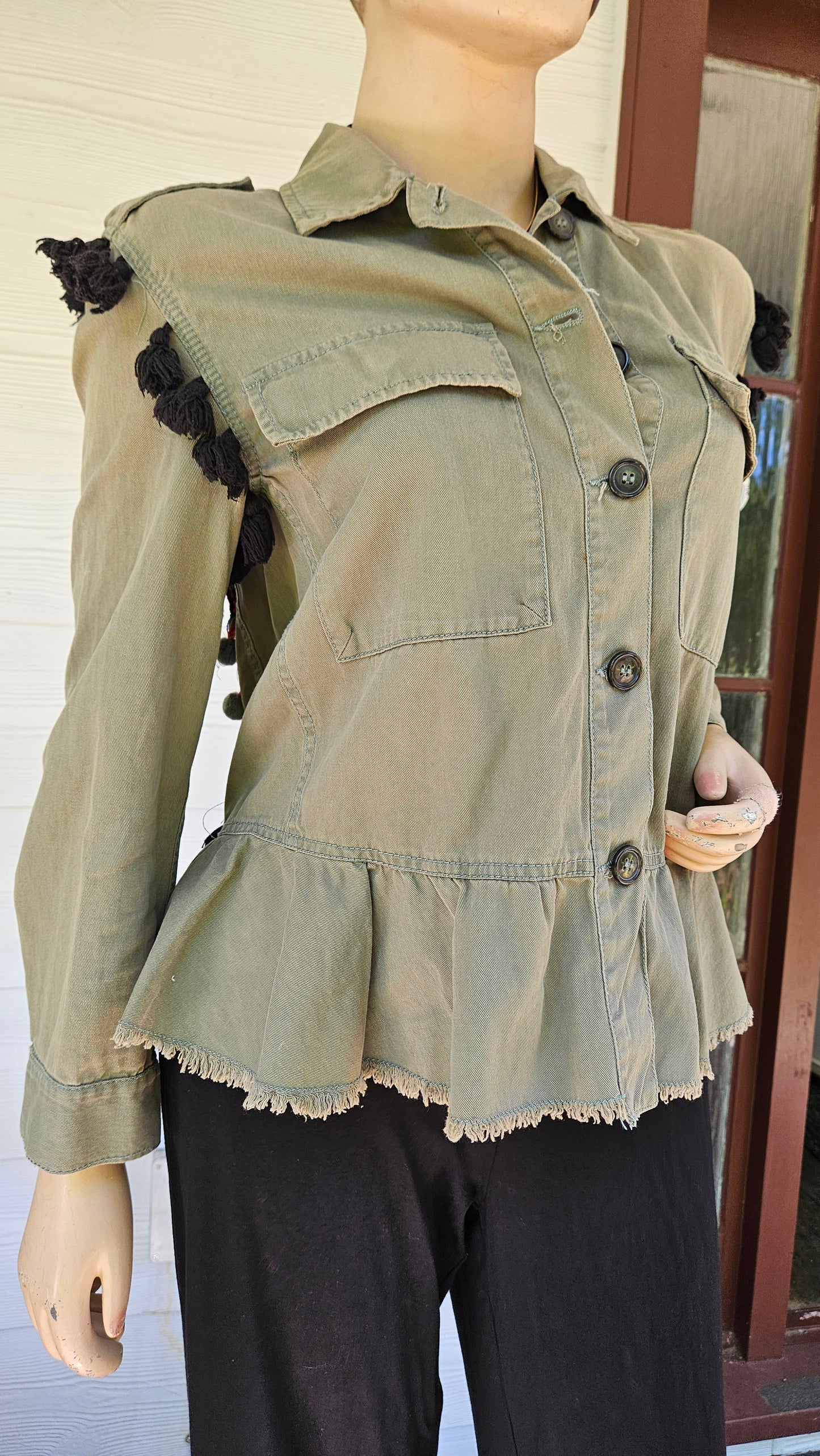 Zara Boho Embroidered Beaded Pom-Pom Army Green Ruffled Military Festival Jacket.