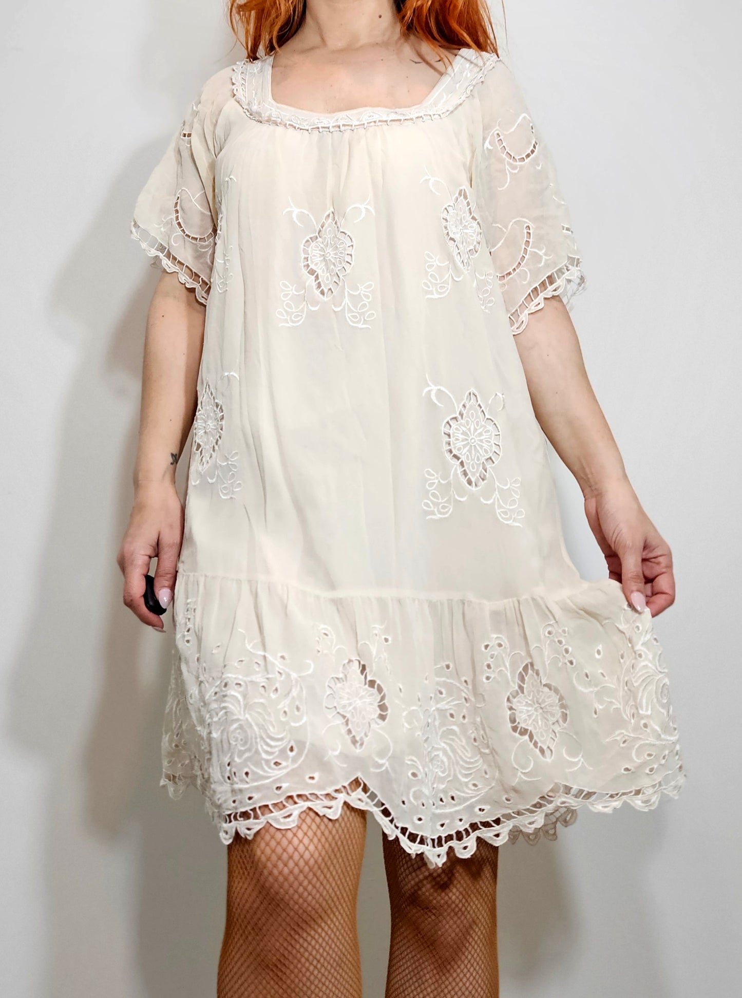 Alannah Hill ivory silk dress size 12 with delicate floral embroidery, short sleeves, square neckline and scalloped lace hem.