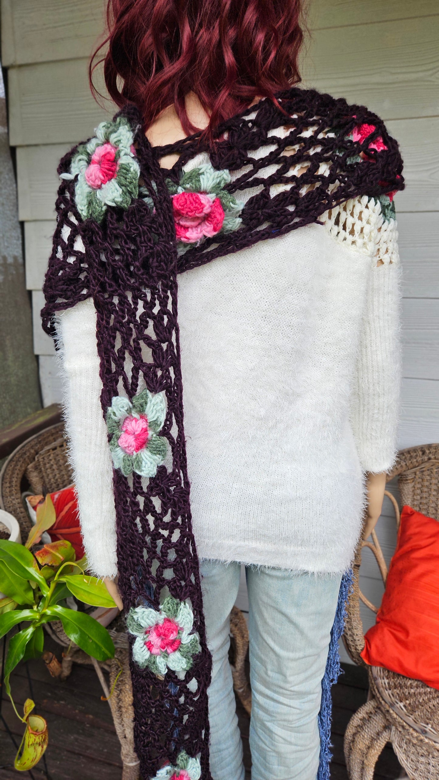 Stunning Handmade Knitted Floral Scarf