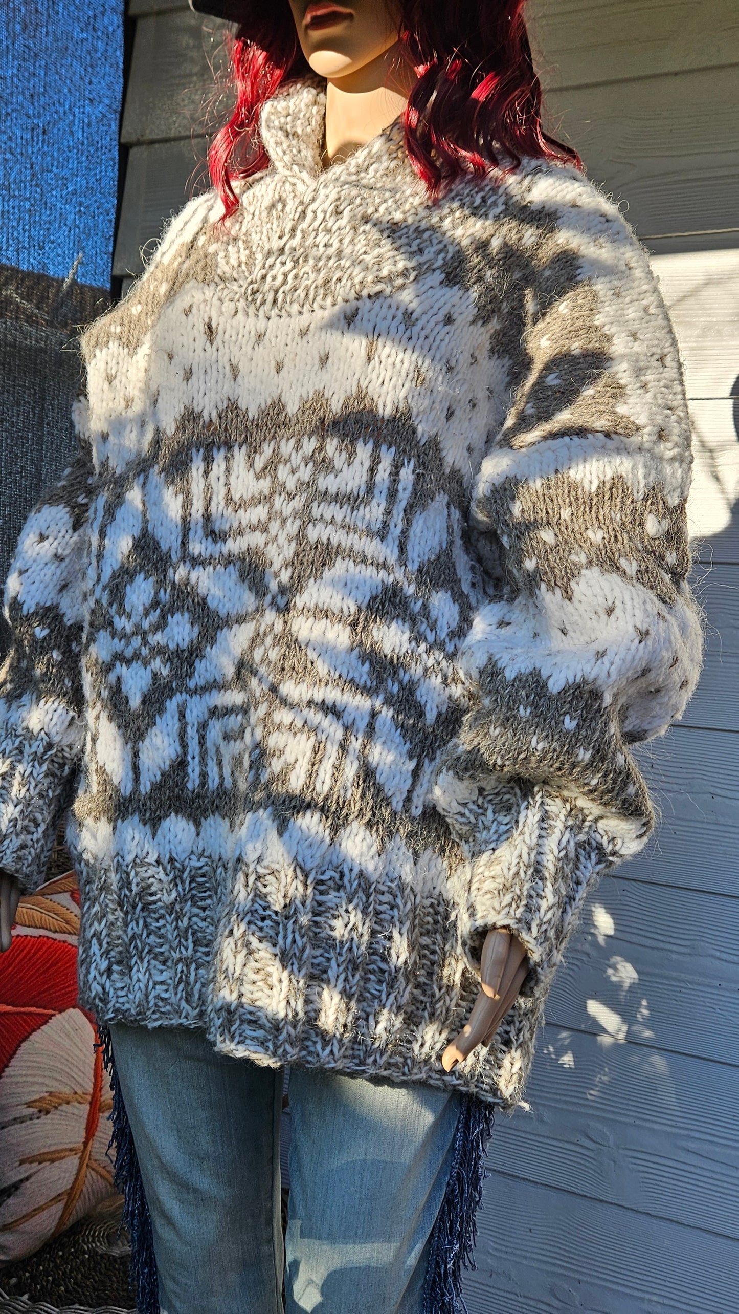 Vintage, hand-knitted Cowichan-style pullover sweater