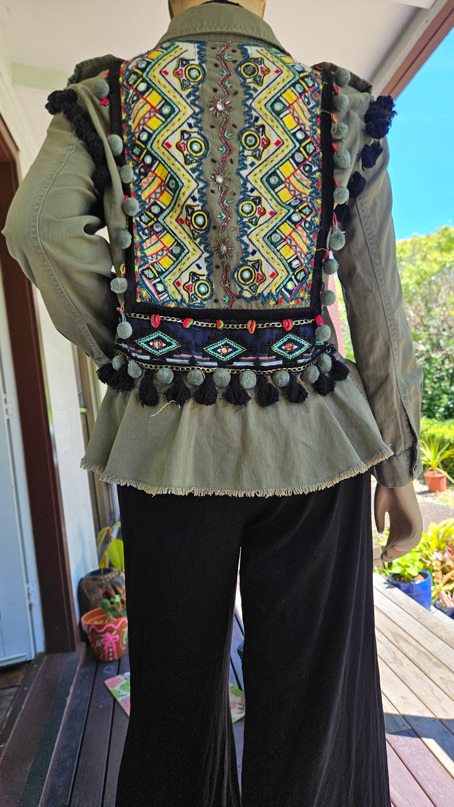 Zara Boho Embroidered Beaded Pom-Pom Army Green Ruffled Military Festival Jacket.