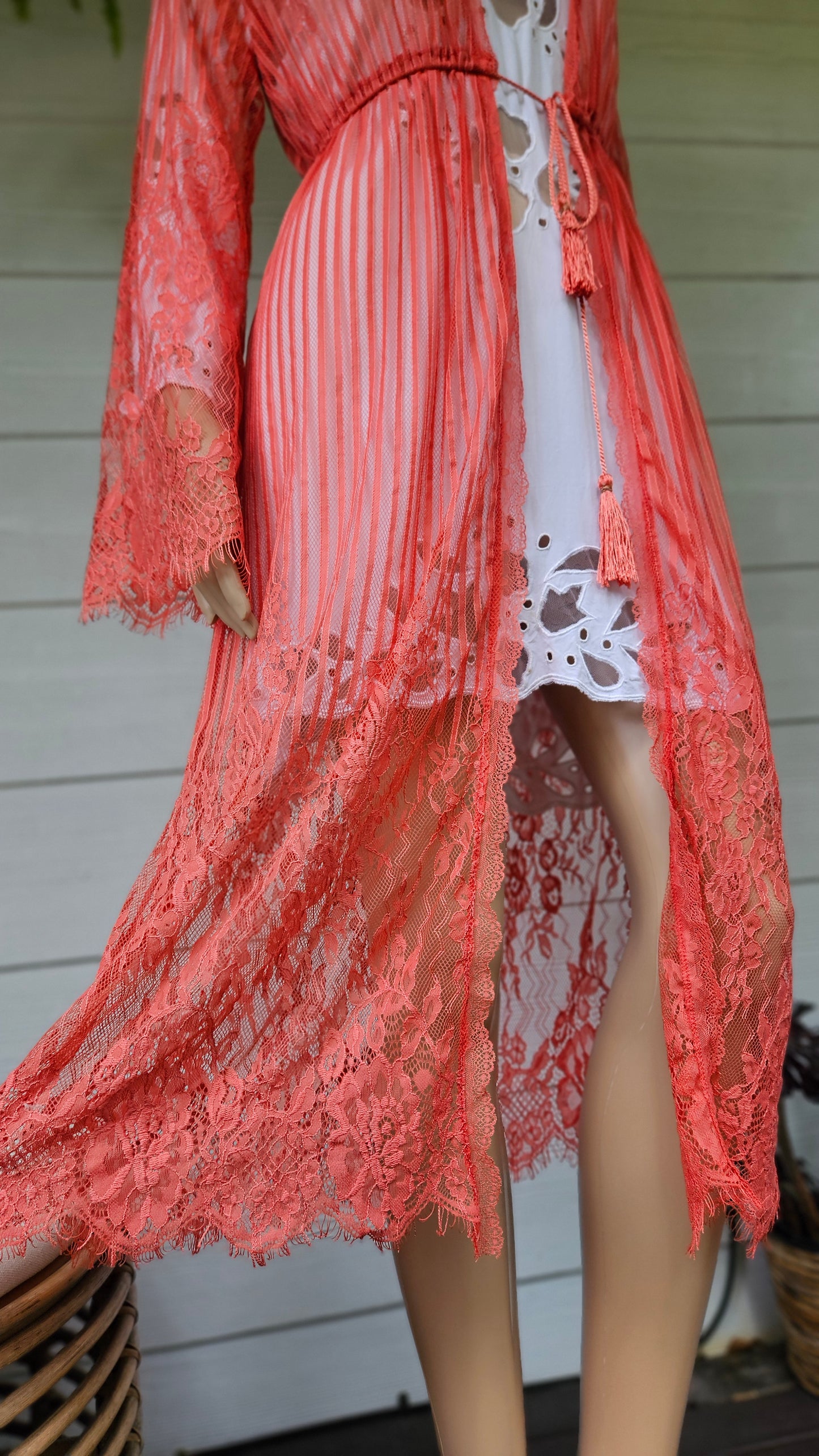 Coral Cardigan Jacket Kimono Orange Lace Duster