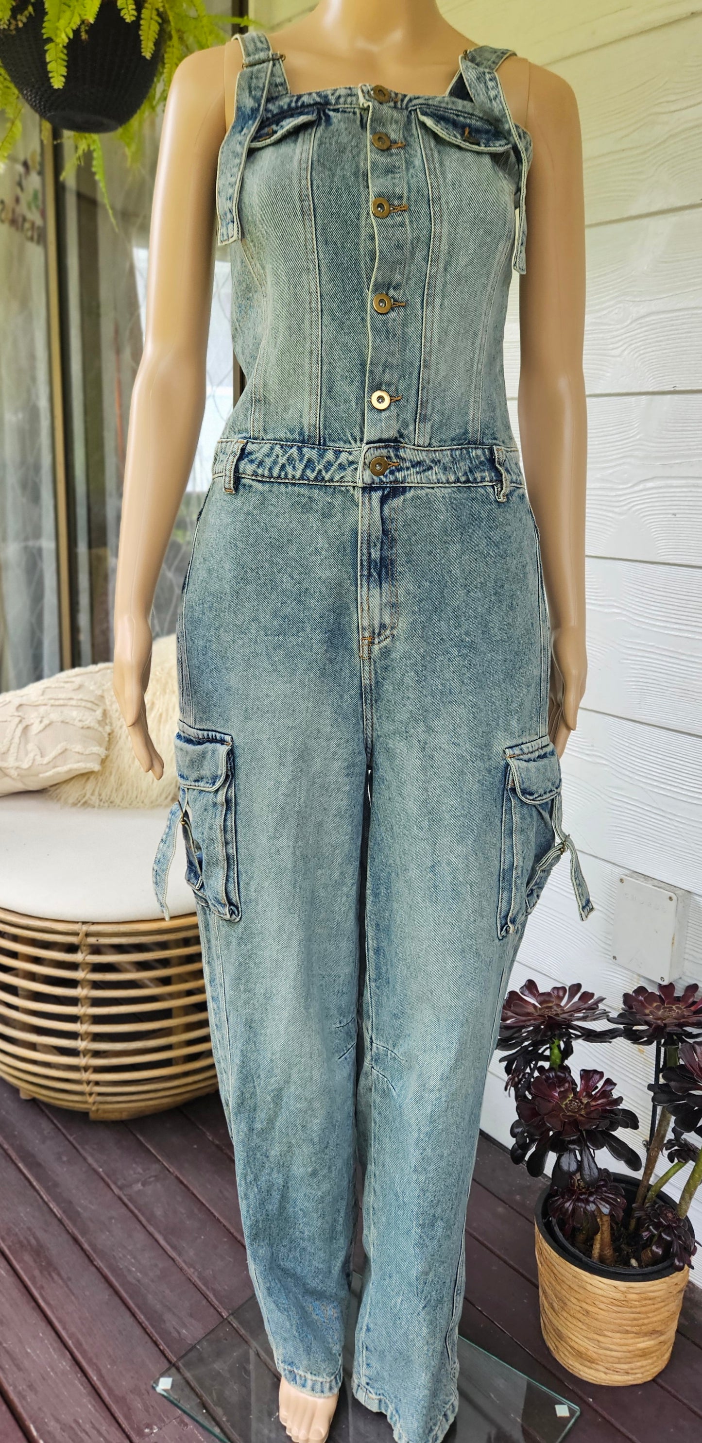 Unique Colombian Wide Leg Denim Jumpsuit Cargo style Size S.