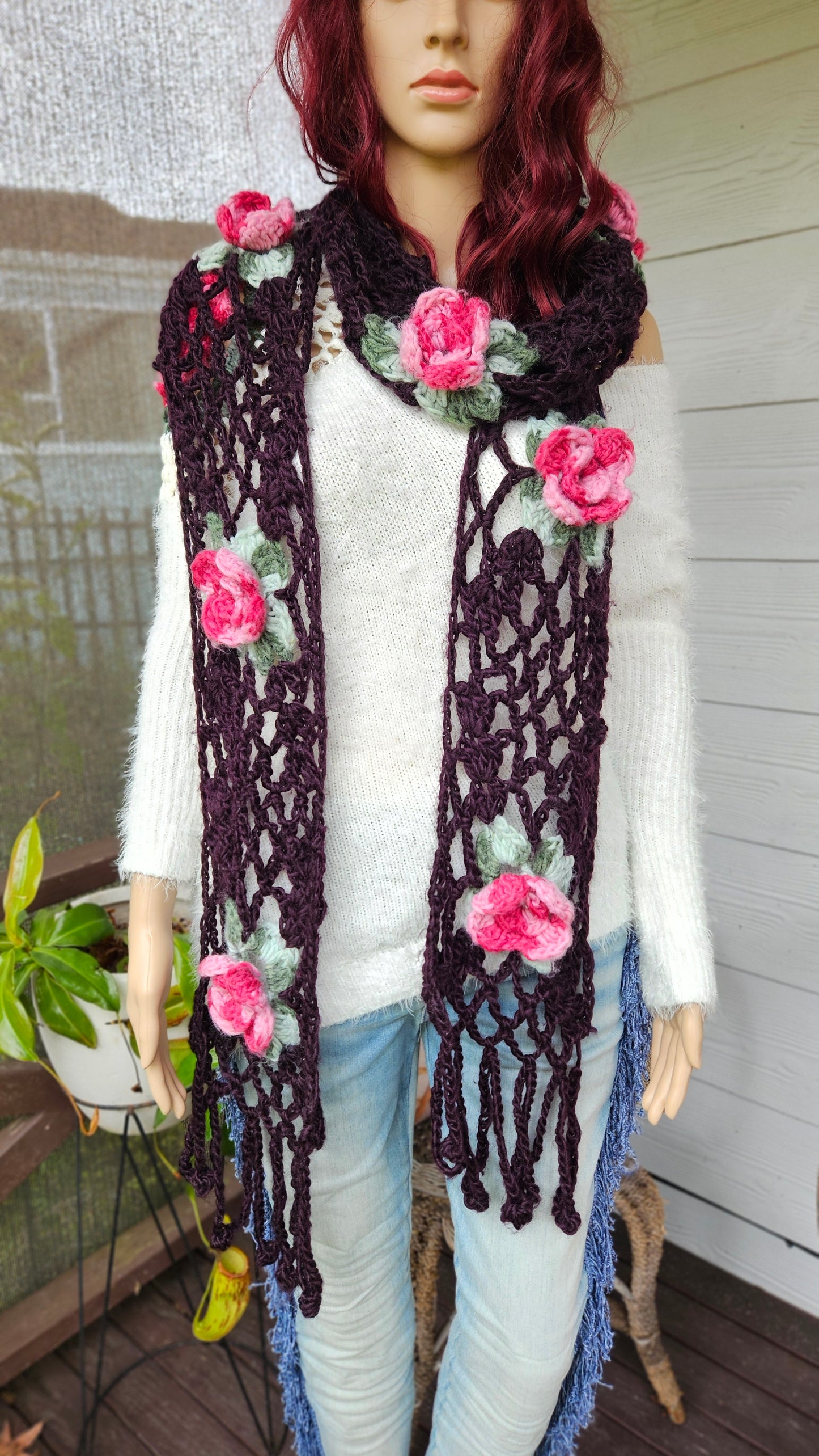 Stunning Handmade Knitted Floral Scarf