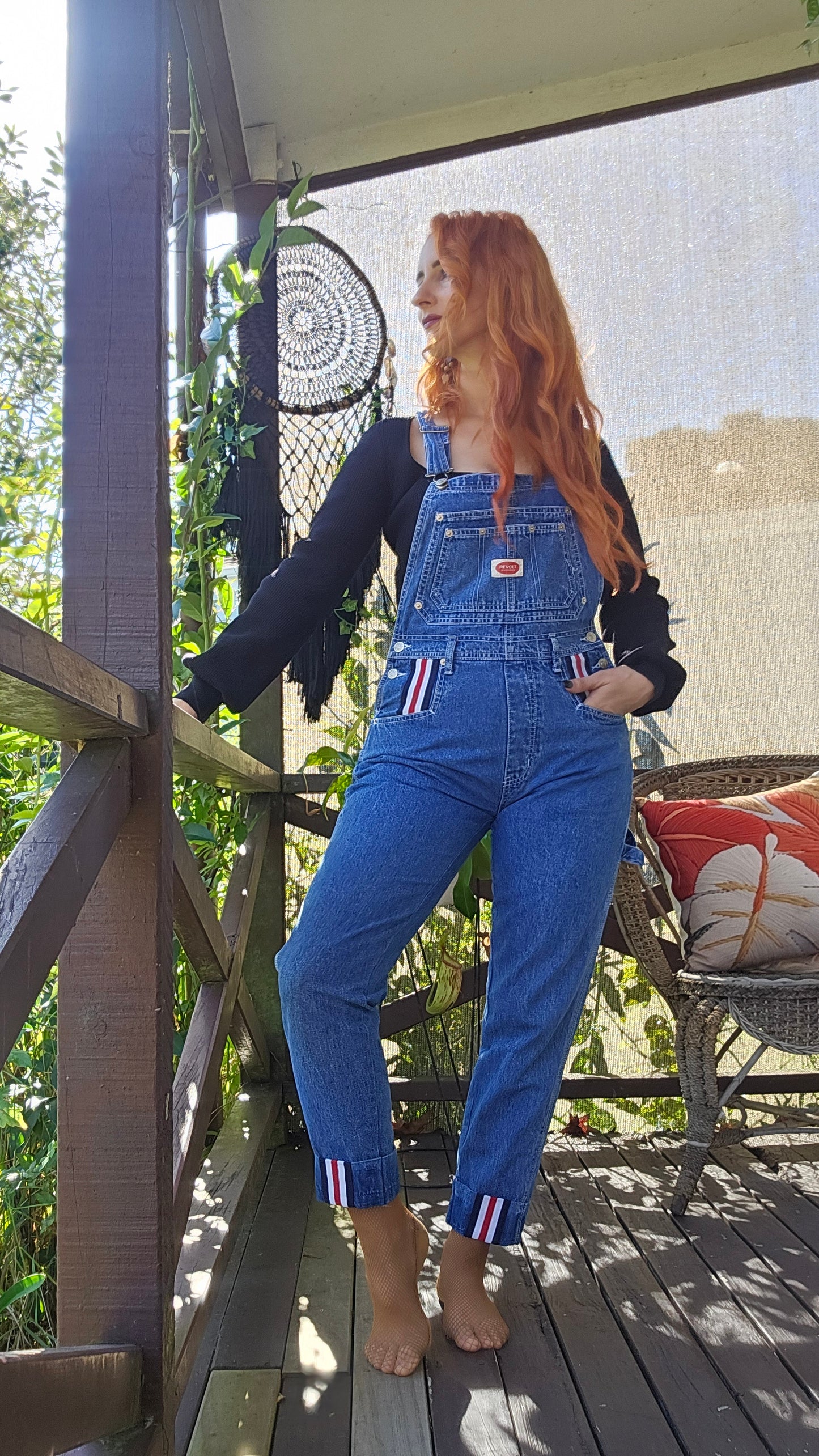 VINTAGE Revolt Denim Overalls Women Medium Blue Bib 100% Cotton Striped Trim 90s