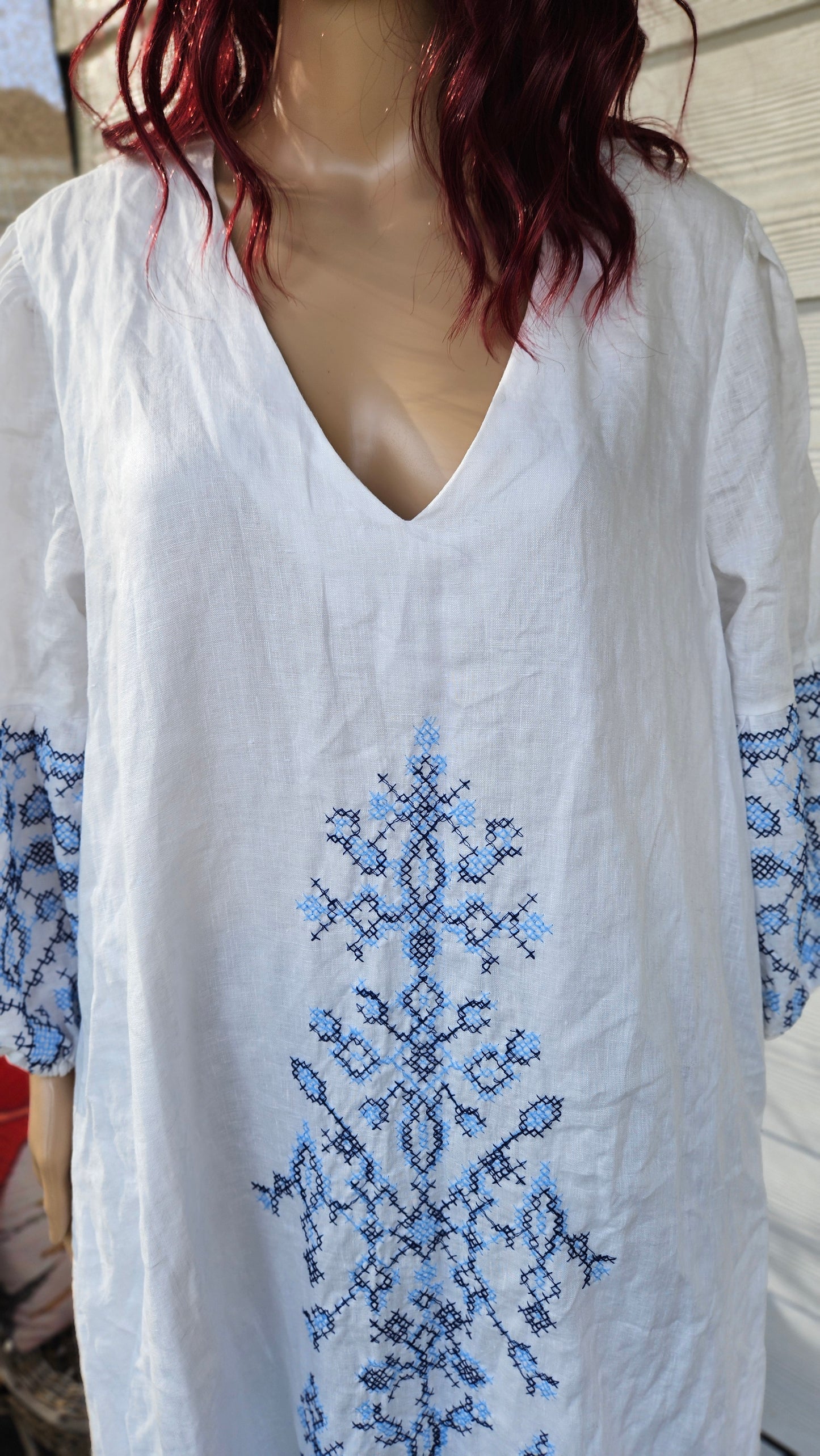 Ikat-embroidered dress. 100% Linen Dress Bohemian Preloved Dress