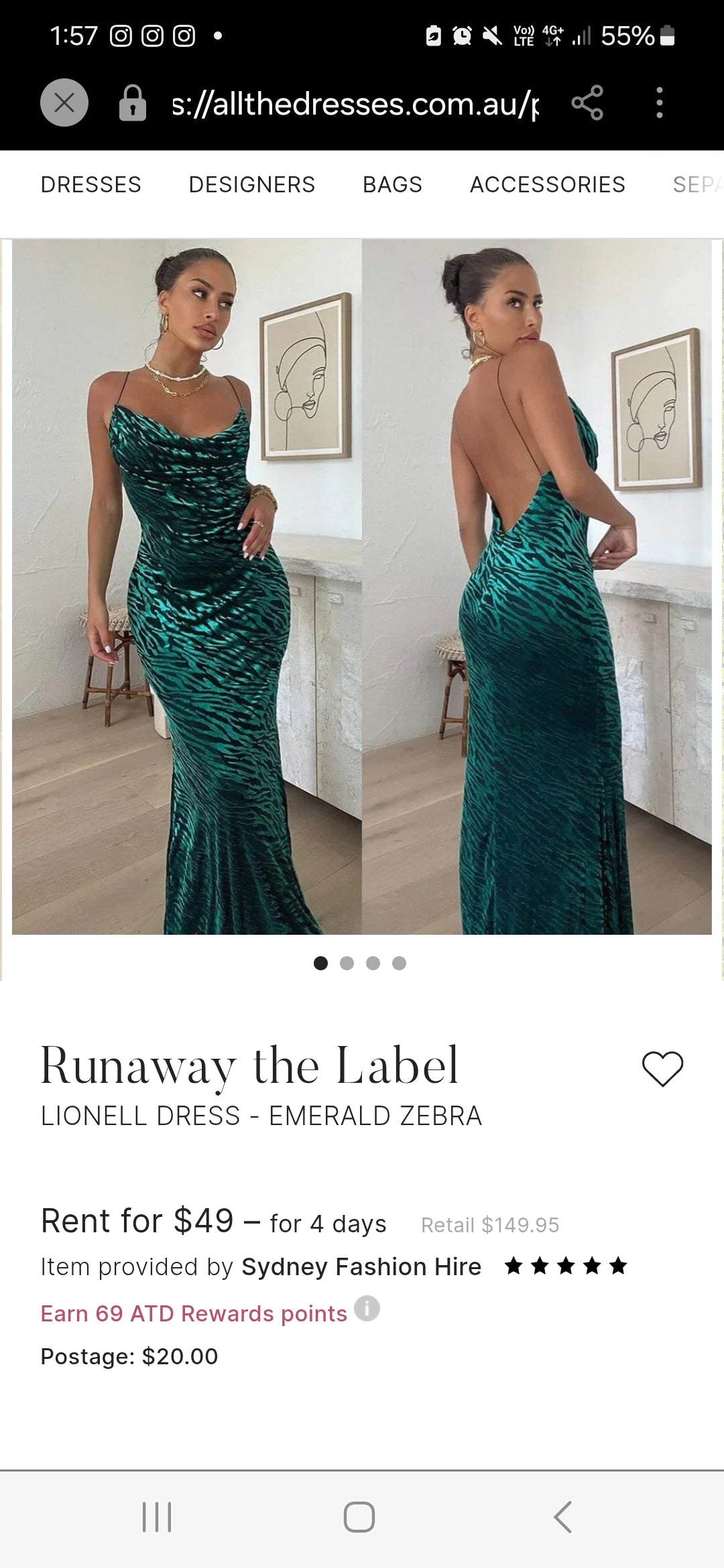 Runaway the Label
LIONELL DRESS - EMERALD ZEBRA dress  Second Hand dress - Evening Dress.