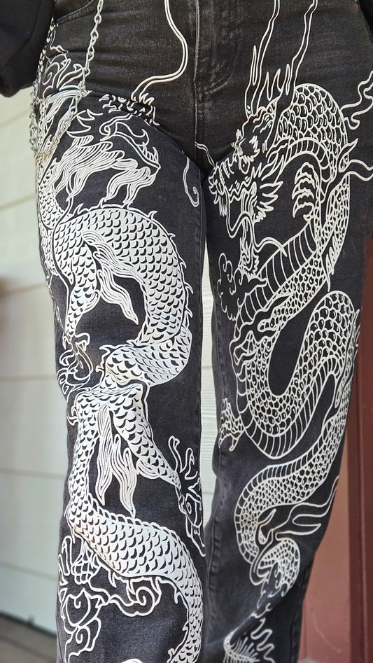 Chinese Dragon High waist Jeans Denim Pants