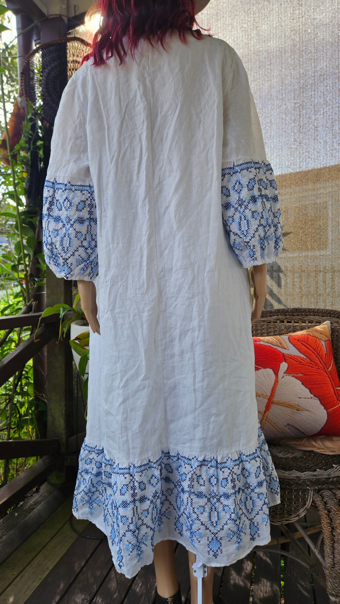 Ikat-embroidered dress. 100% Linen Dress Bohemian Preloved Dress