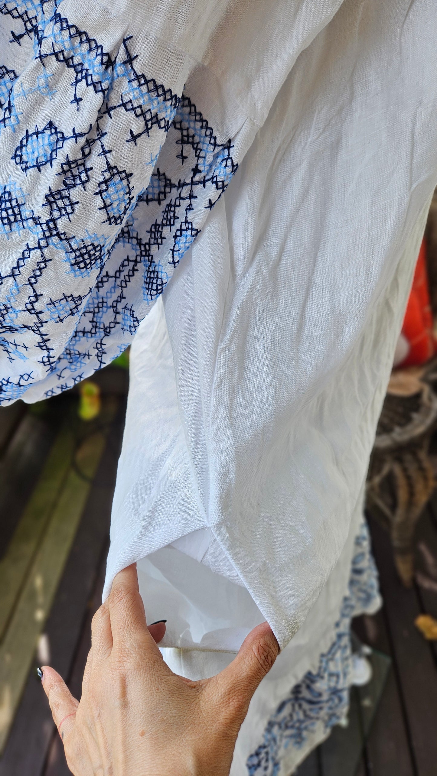 Ikat-embroidered dress. 100% Linen Dress Bohemian Preloved Dress