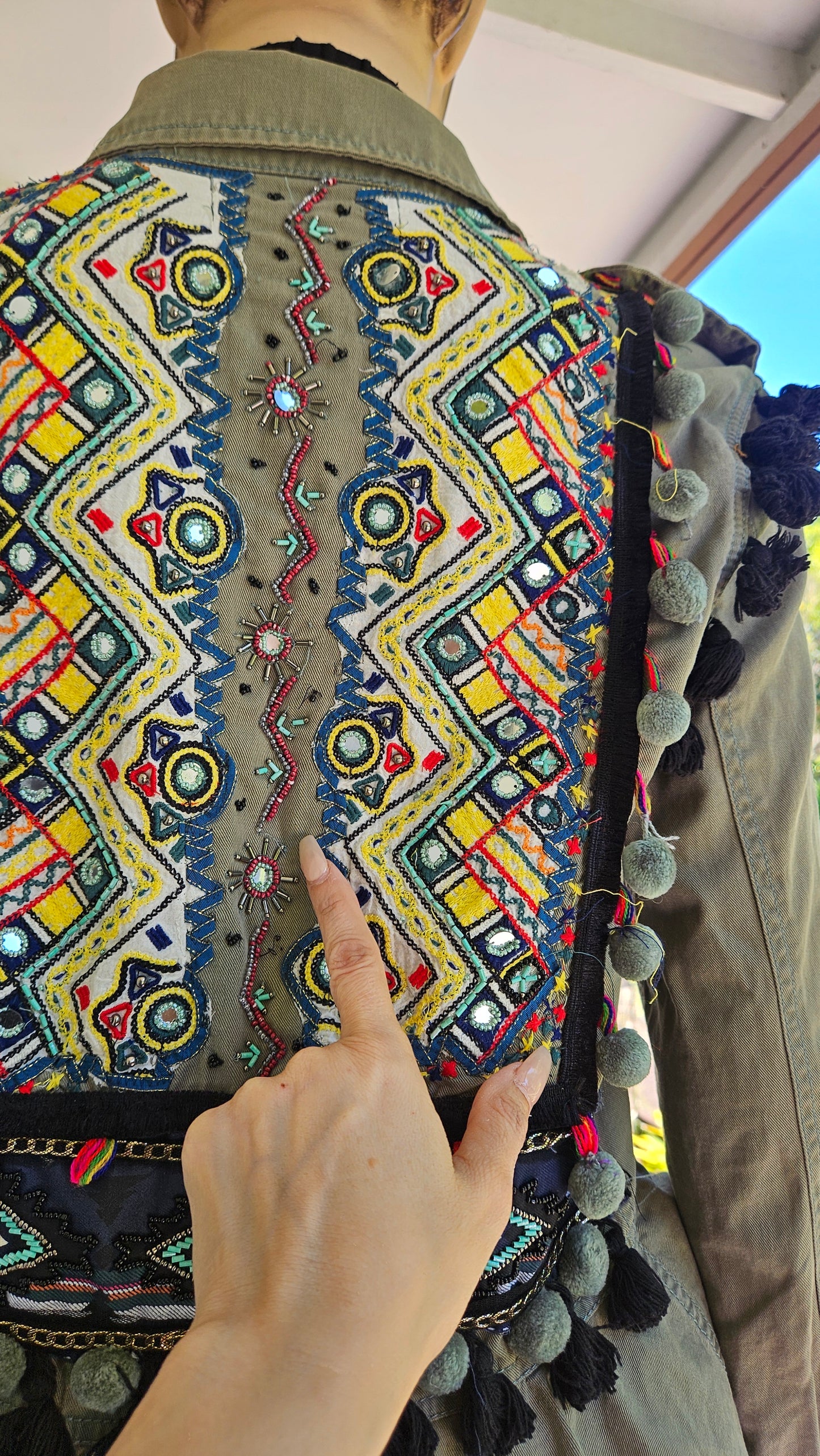 Zara Boho Embroidered Beaded Pom-Pom Army Green Ruffled Military Festival Jacket.