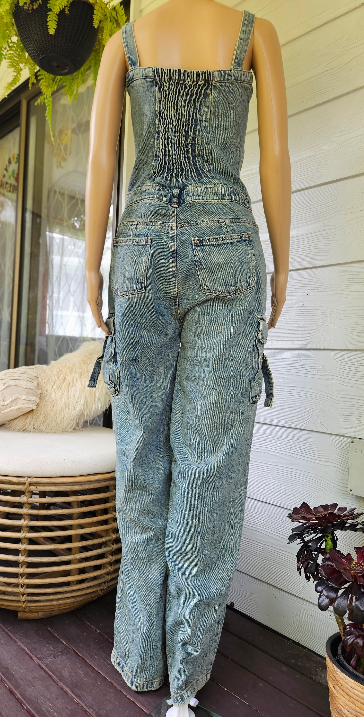 Unique Colombian Wide Leg Denim Jumpsuit Cargo style Size S.