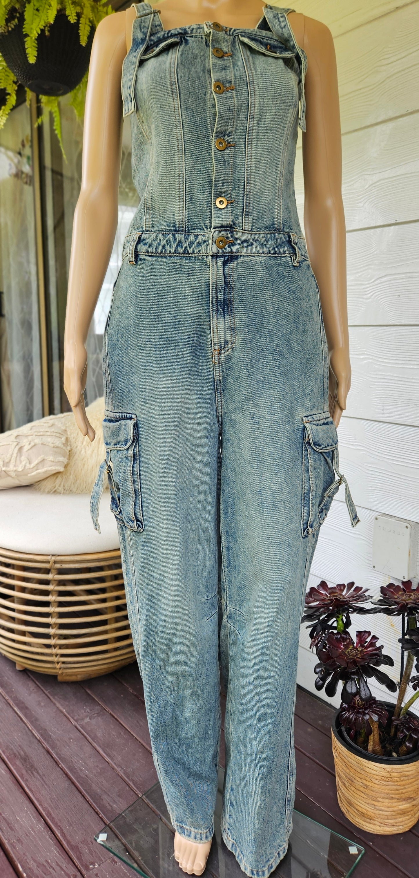 Unique Colombian Wide Leg Denim Jumpsuit Cargo style Size S.