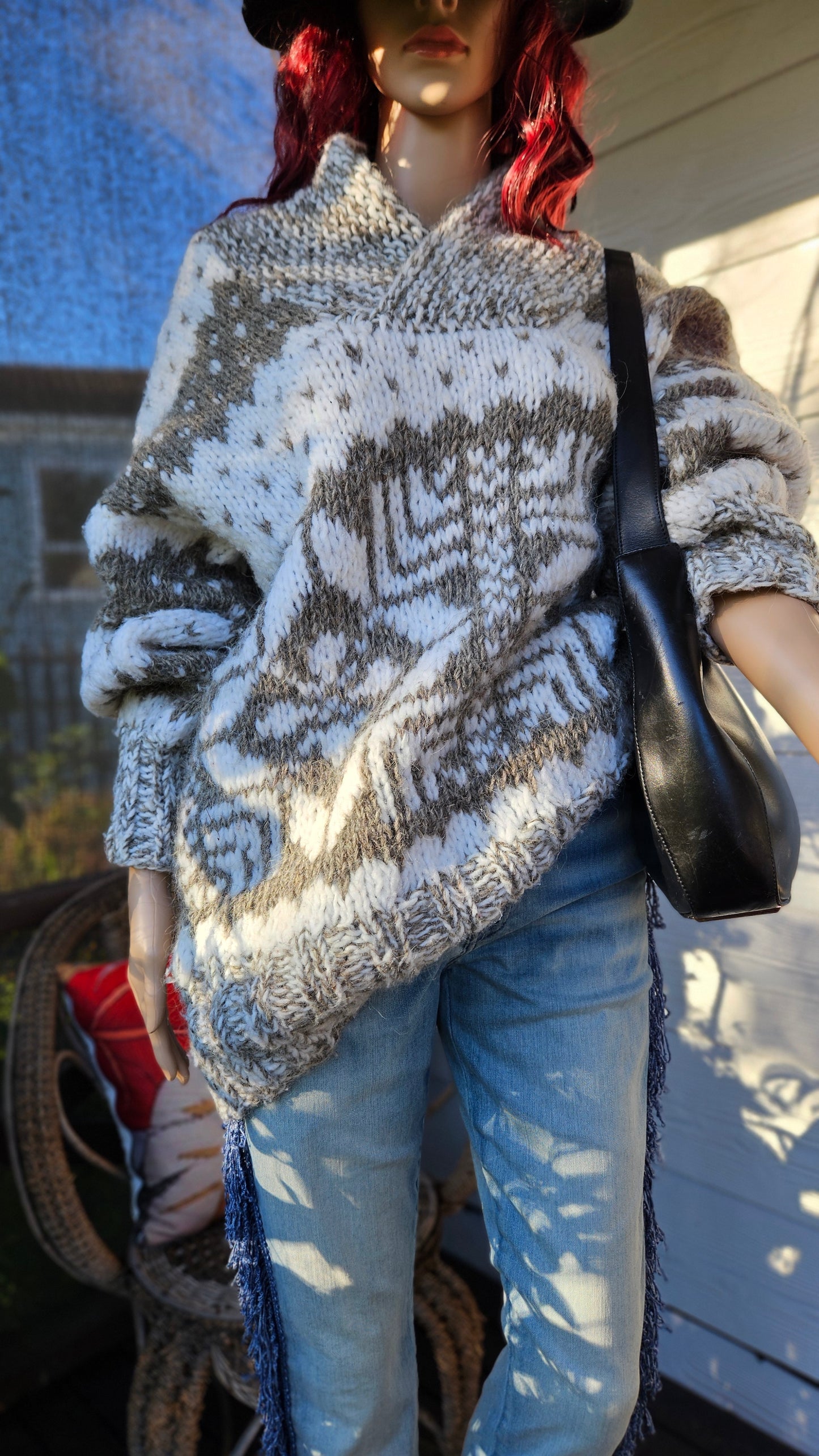 Vintage, hand-knitted Cowichan-style pullover sweater