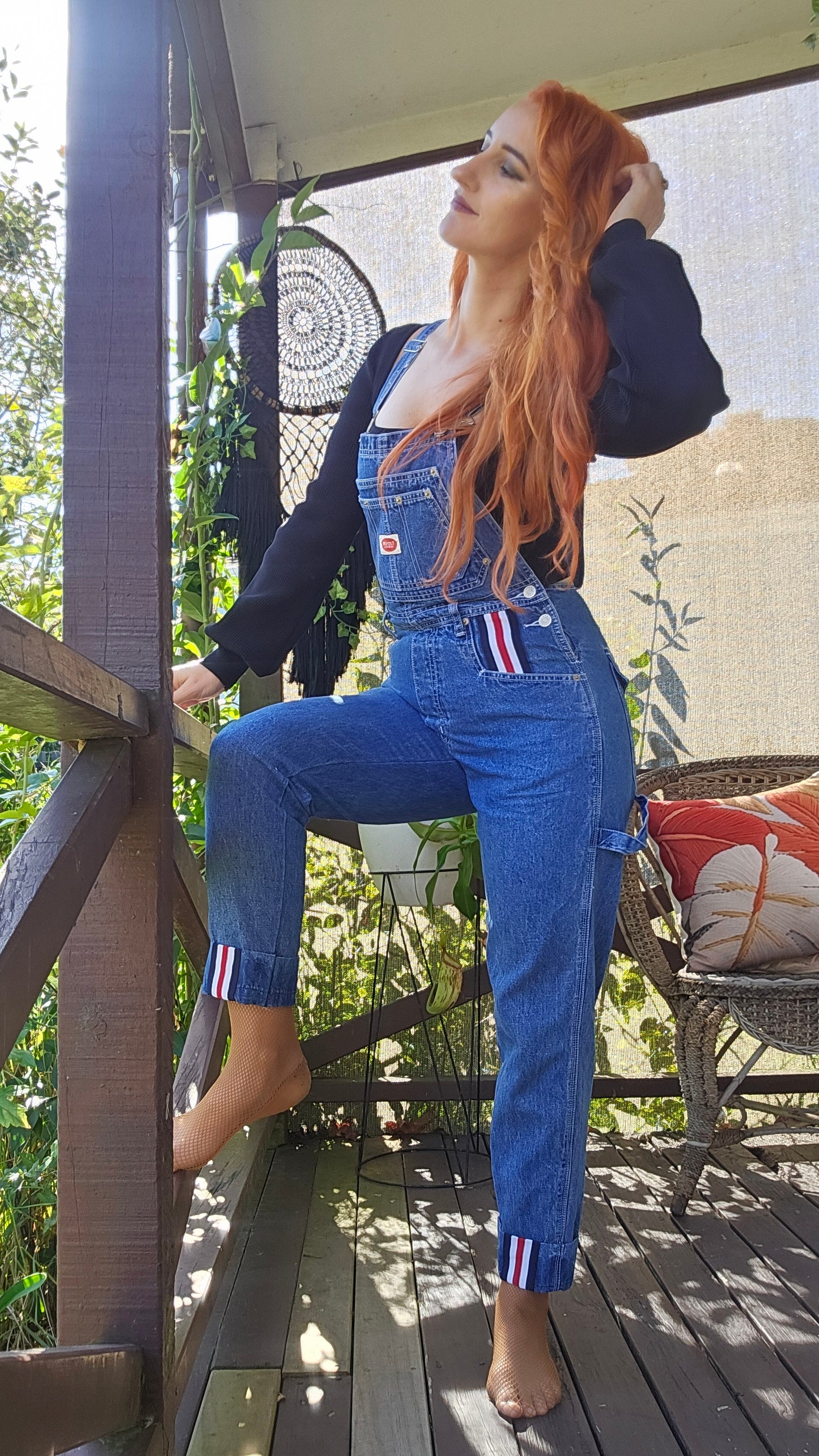 VINTAGE Revolt Denim Overalls Women Medium Blue Bib 100% Cotton Striped Trim 90s