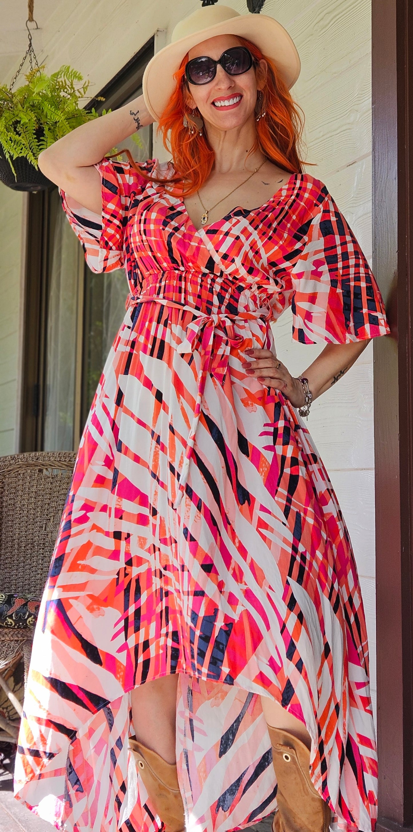 Boho Australia Short Sleeved Button Up High Low Multicoloured Dress Size S