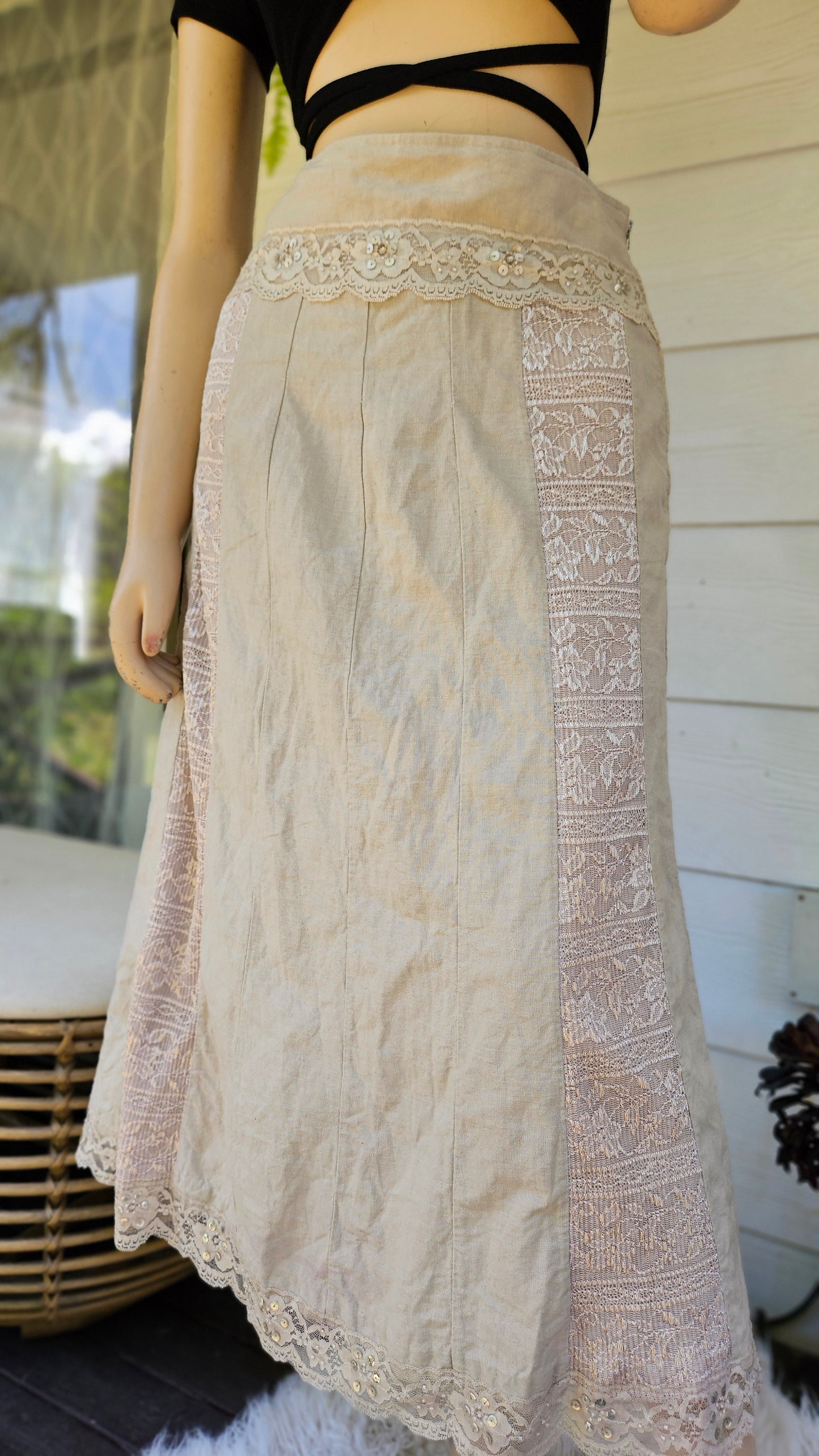 Beige Linen Midi Skirt - Preloved Skirt size 12