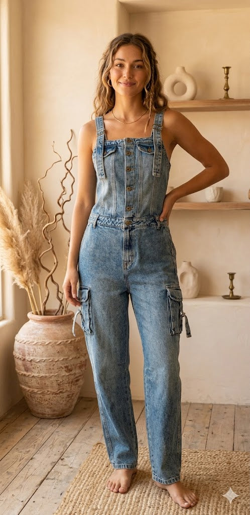 Unique Colombian Wide Leg Denim Jumpsuit Cargo style Size S.