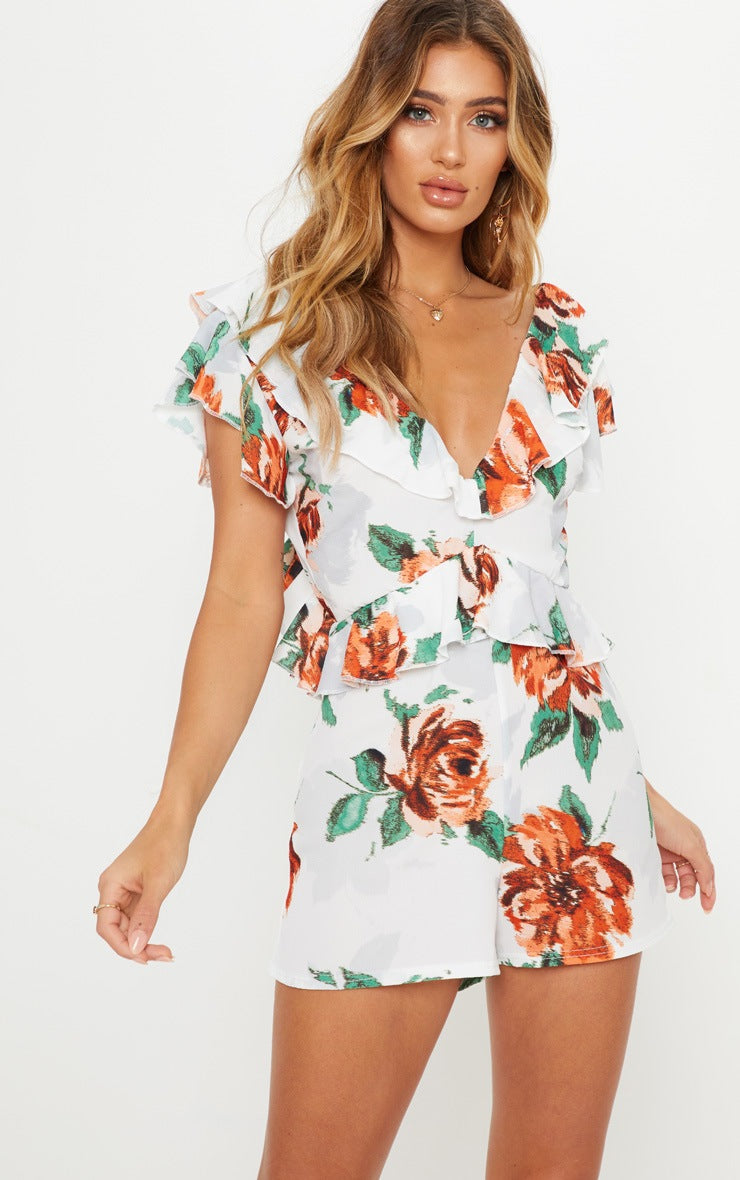 White Floral Frill Back Tie Playsuit