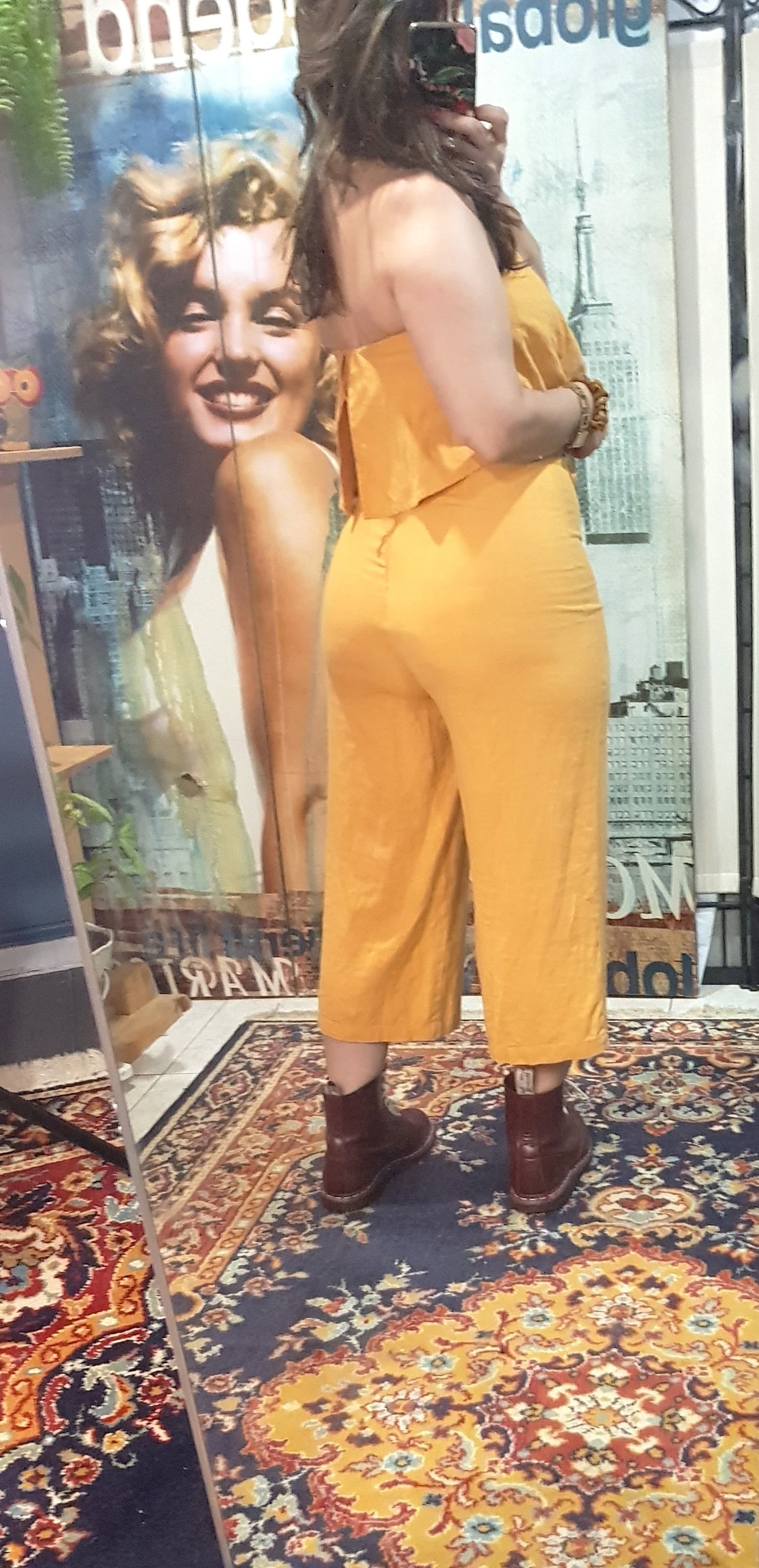 Mustard linen Wide 3/4 Legs Jumpsuit