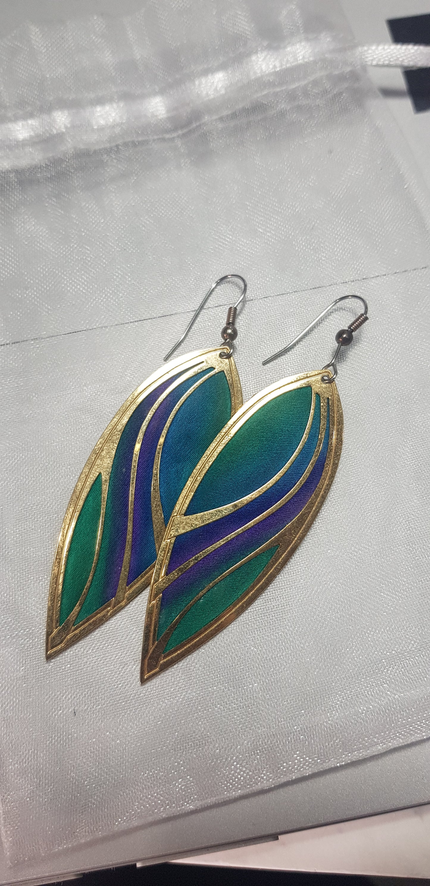 Kyle McKeown Silk Earrings Vintage Gold Plated Metal Purple Teal Blue Silk Fabric Designer Signed & Dated Jewel Tones