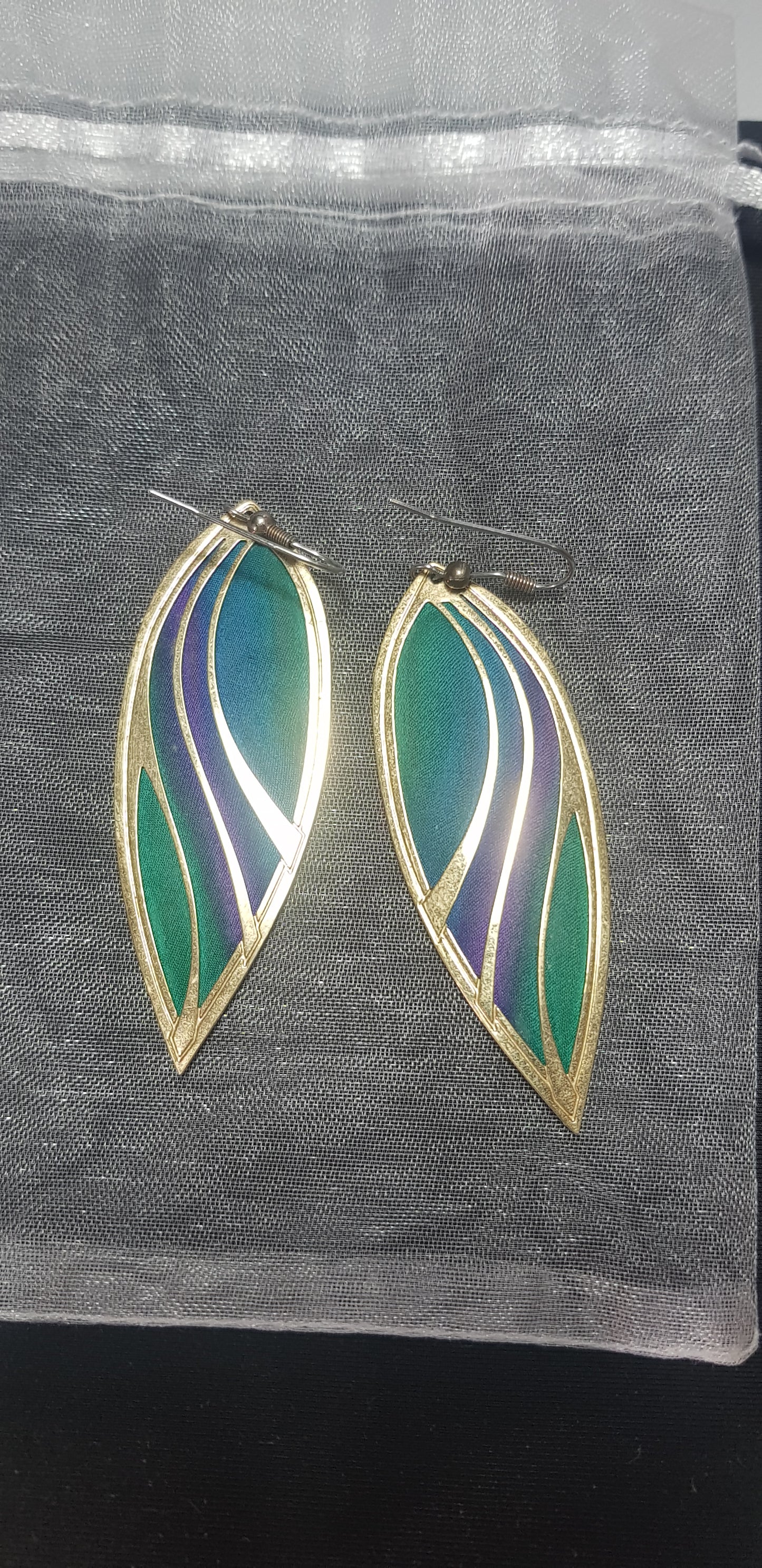 Kyle McKeown Silk Earrings Vintage Gold Plated Metal Purple Teal Blue Silk Fabric Designer Signed & Dated Jewel Tones