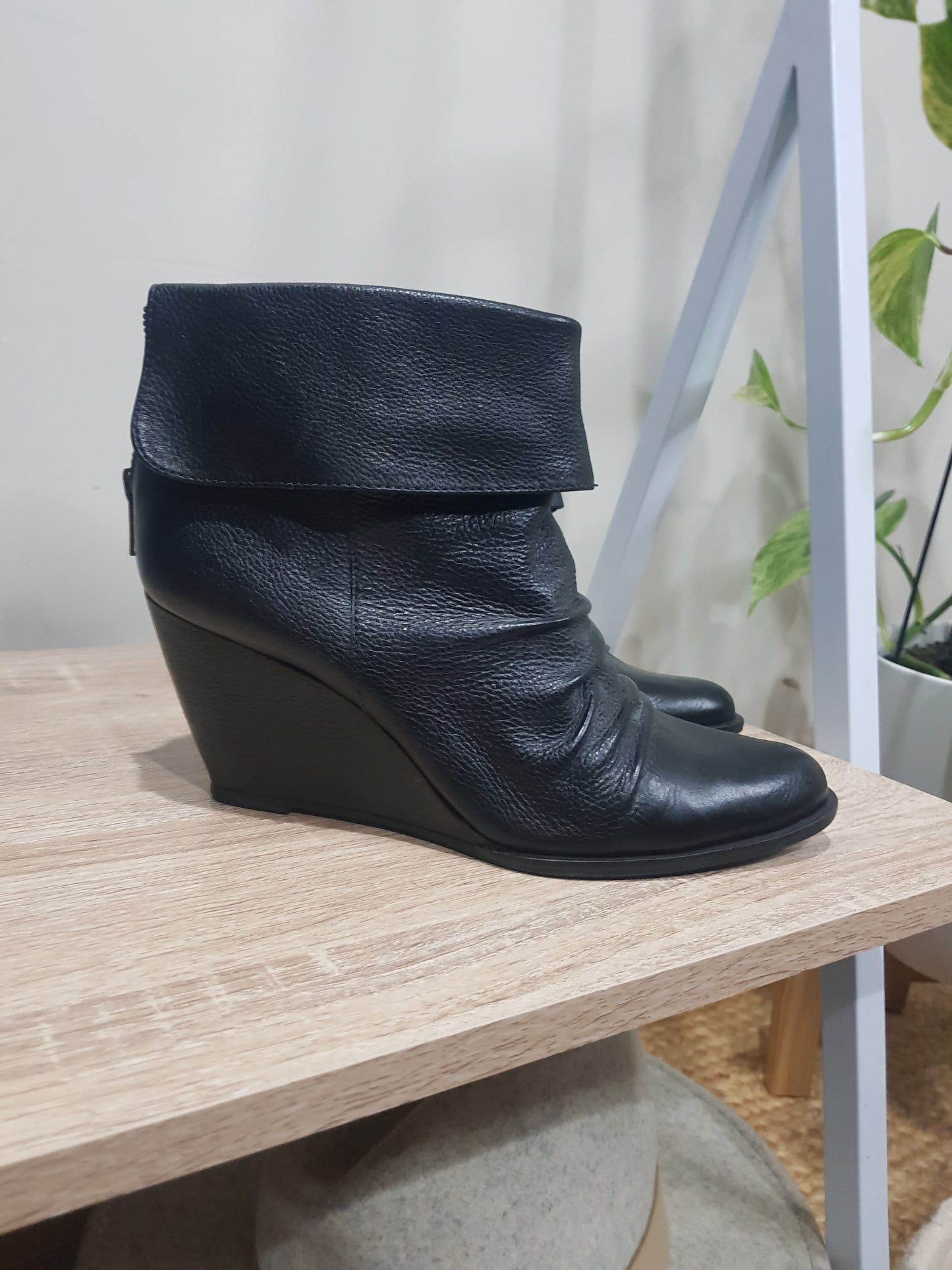 Sophisticated Style - Authentic Leather Ankle Wedge Boots, Size 38