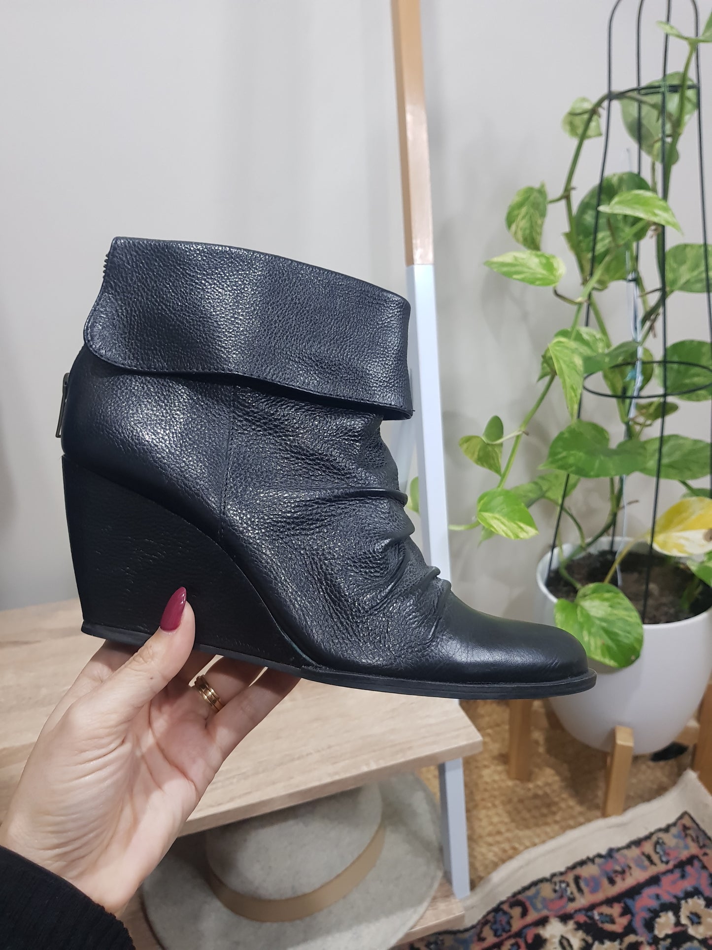 Sophisticated Style - Authentic Leather Ankle Wedge Boots, Size 38