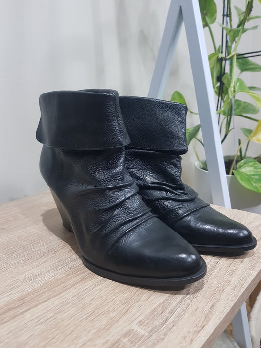 Sophisticated Style - Authentic Leather Ankle Wedge Boots, Size 38